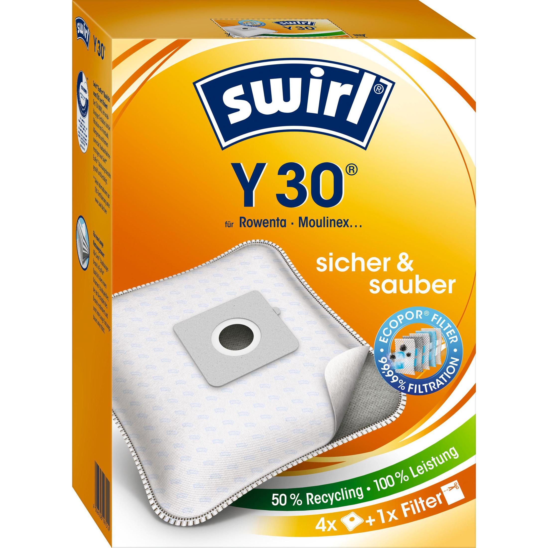 Staubsaugerbeutel-Box mit orange-weißem Design, Text auf Deutsch.
