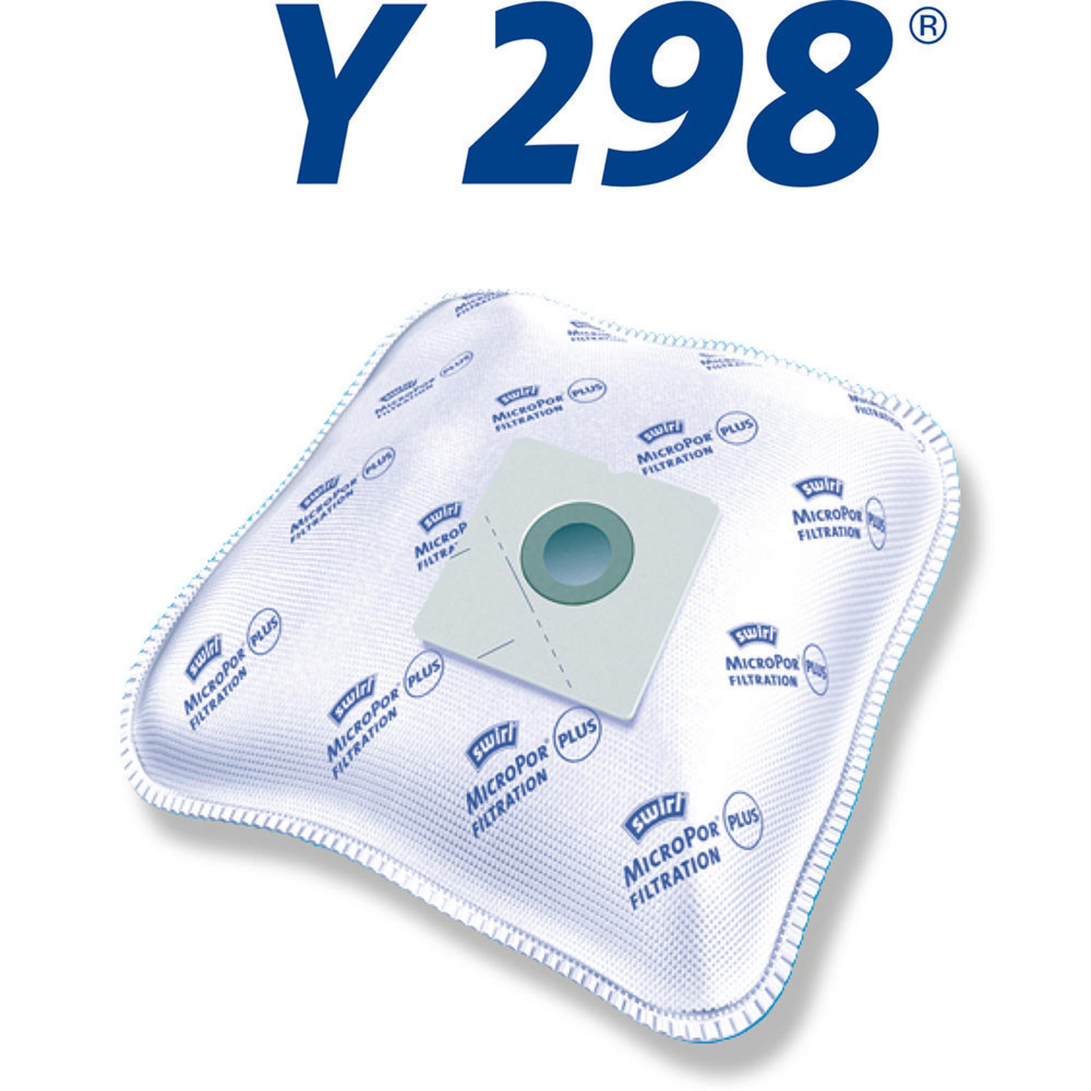 Staubsaugerbeutel mit Text und Logo. Weißer Hintergrund.