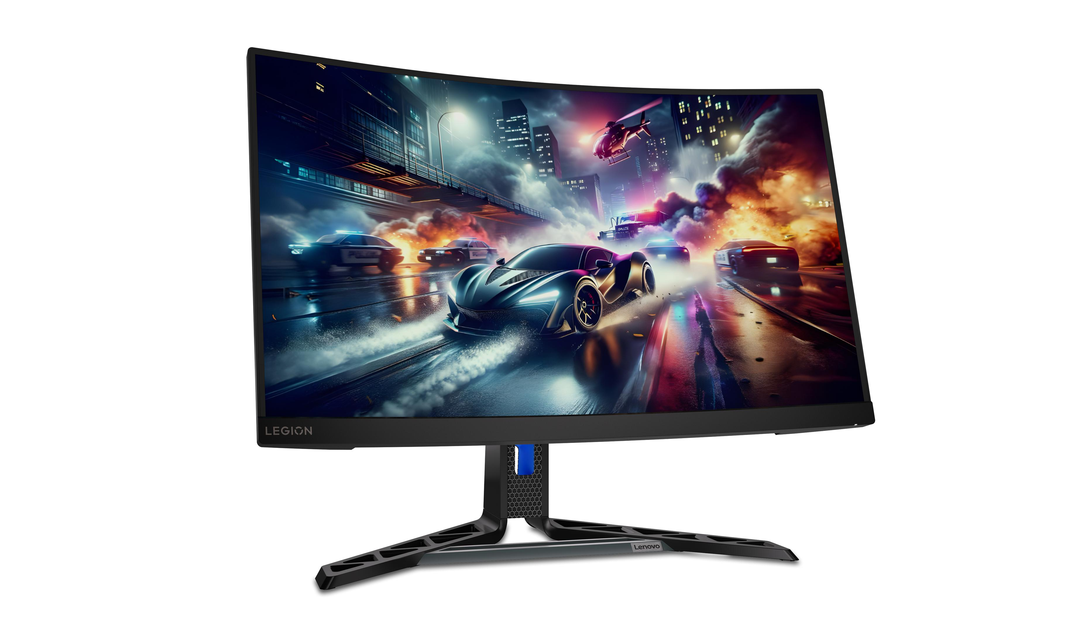 Gebogen gamingmonitor met racegamescherm. Zwart frame en standaard. Lenovo Legion-logo zichtbaar.