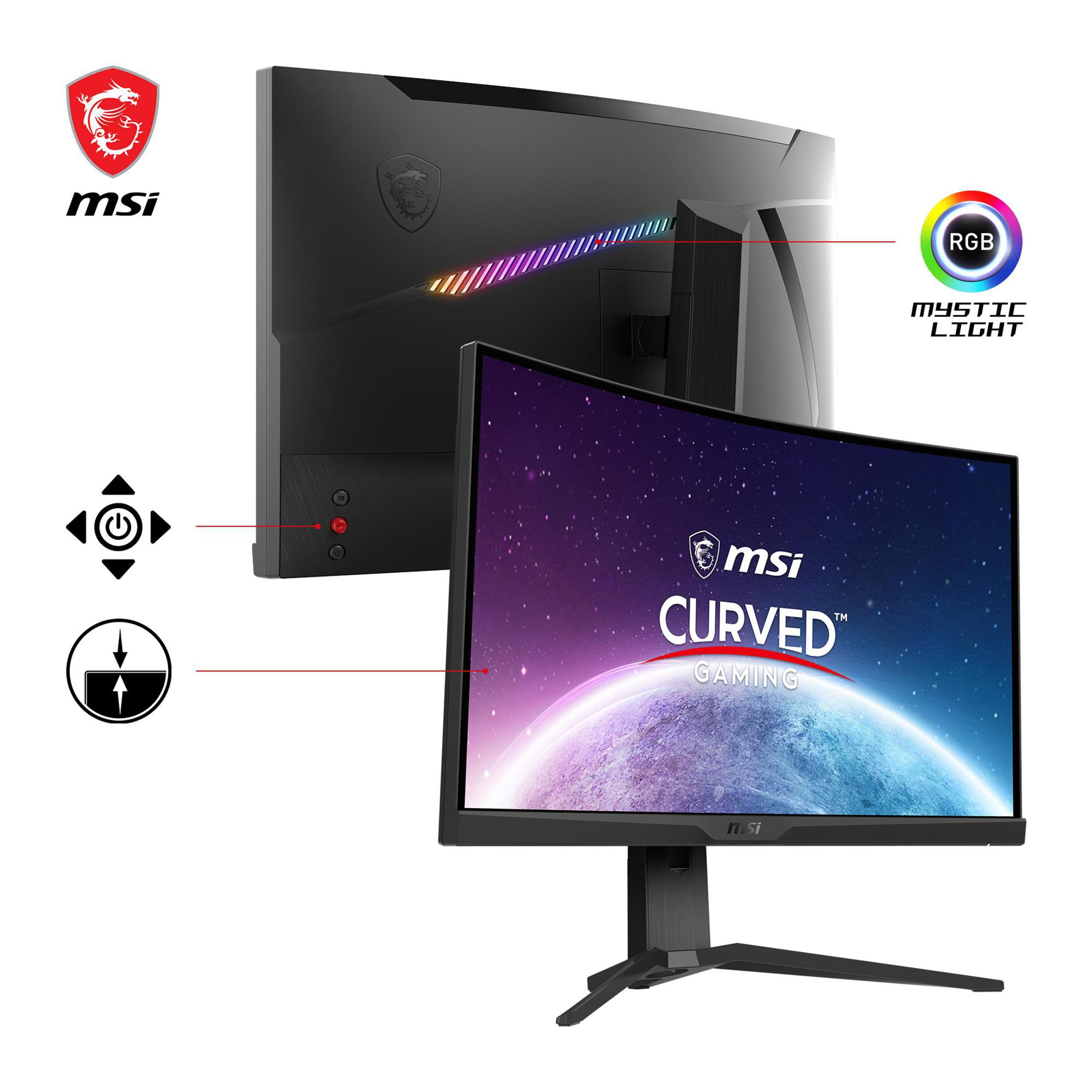 Zakrzywiony monitor do gier MSI, pokazujący tył i przód. Funkcja RGB Mystic Light.