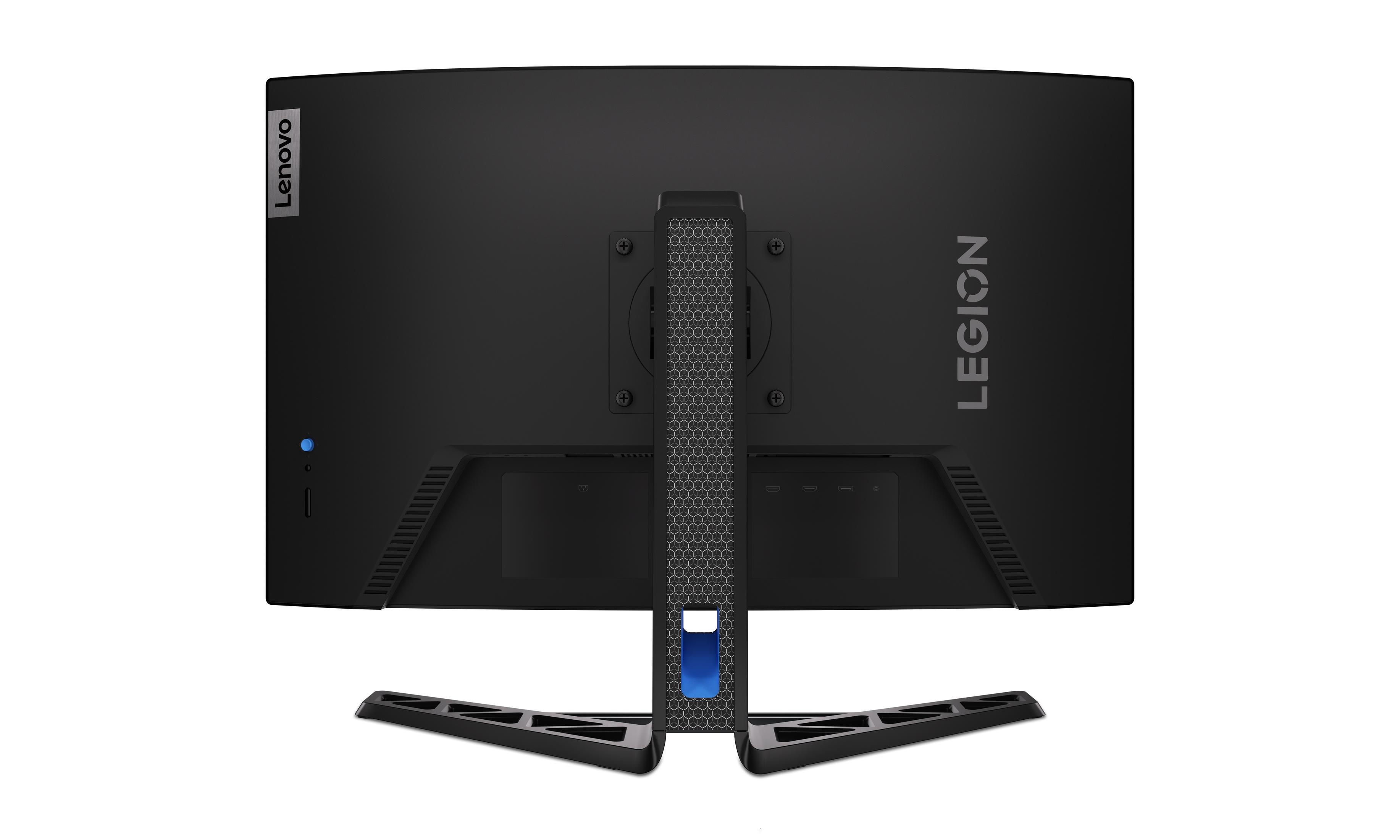 Achterkant van een zwarte Lenovo Legion monitor met standaard, poorten en het Legion logo.