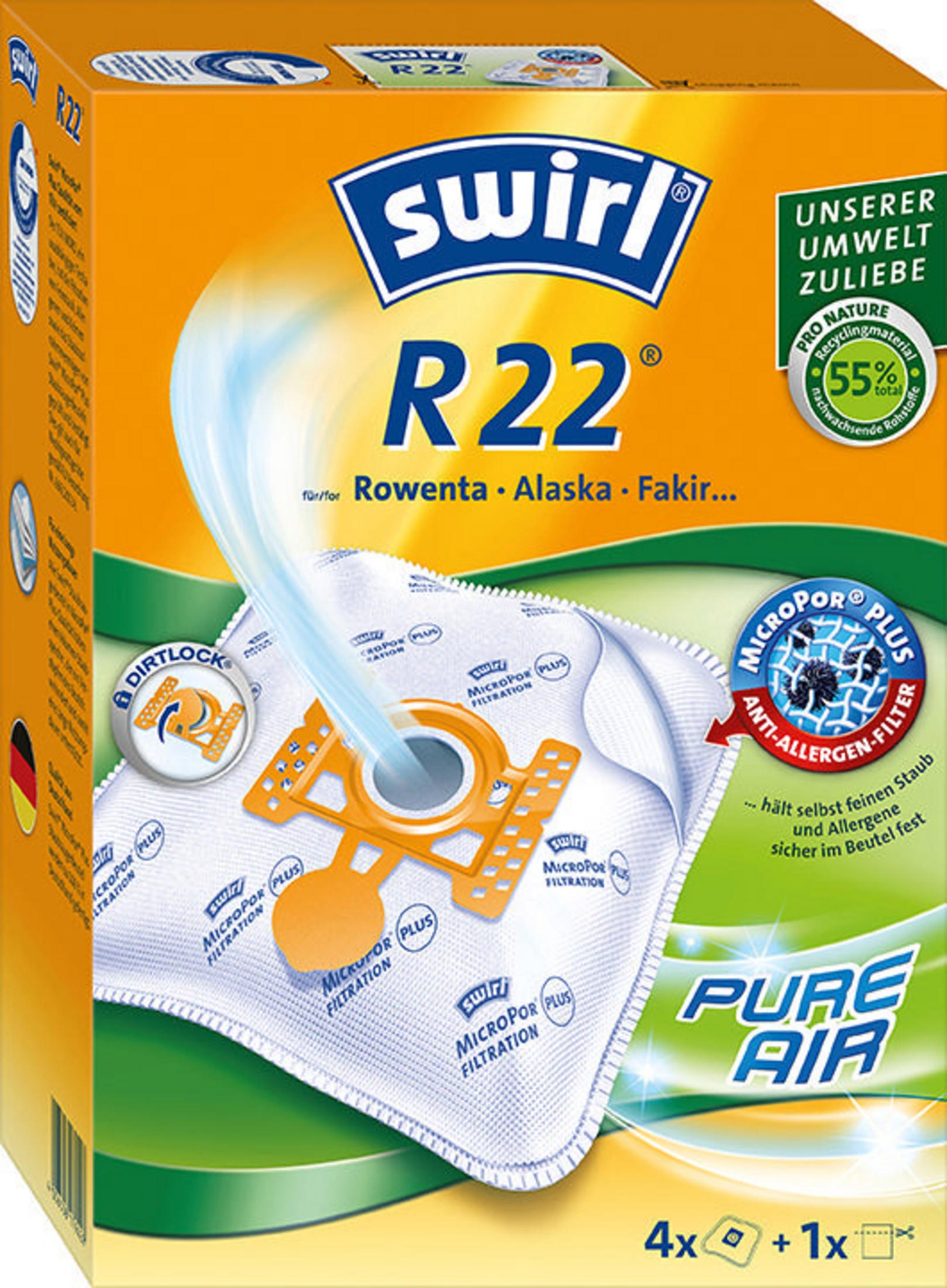 Eine Swirl Staubsaugerbeutelpackung in Orange und Blau mit Dirtlock-Funktion. Zeigt Beutel und Branding.