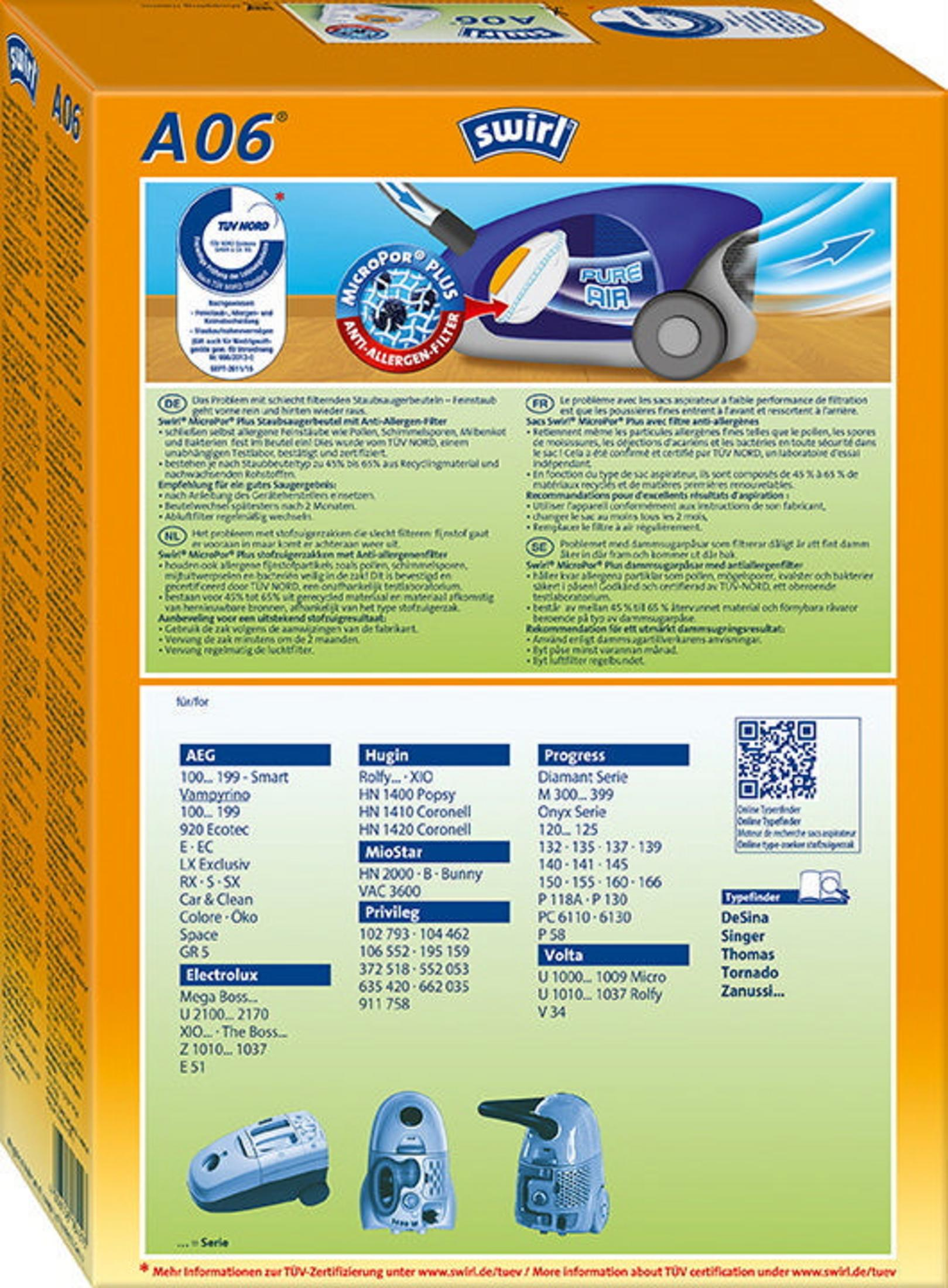 Staubsaugerfilterbox mit Text und Logos, Produktverpackung.