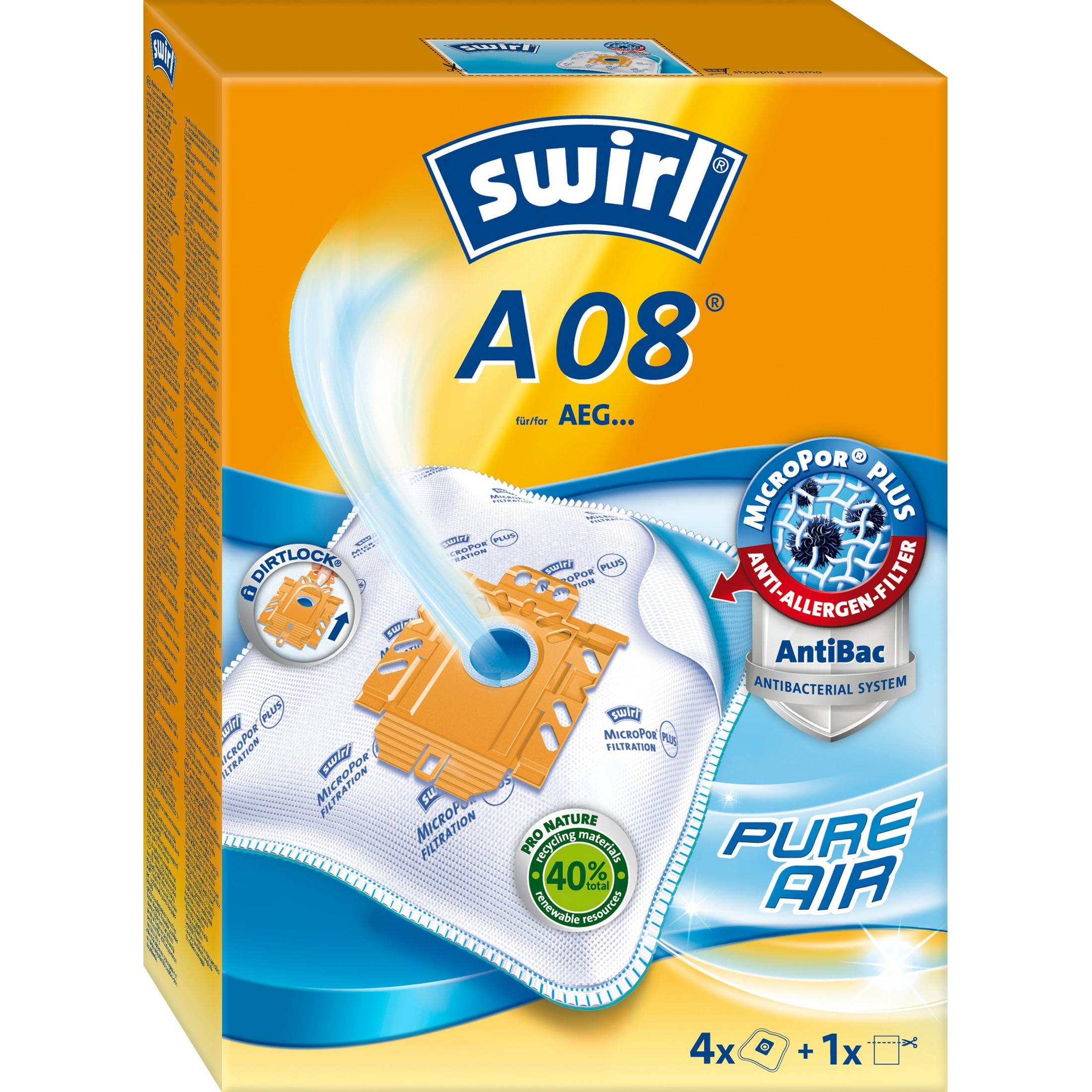 Schachtel mit Swirl A08 Staubsaugerbeuteln. Die orangefarbene Schachtel zeigt den Beutel, Micropor Plus und Pure Air.