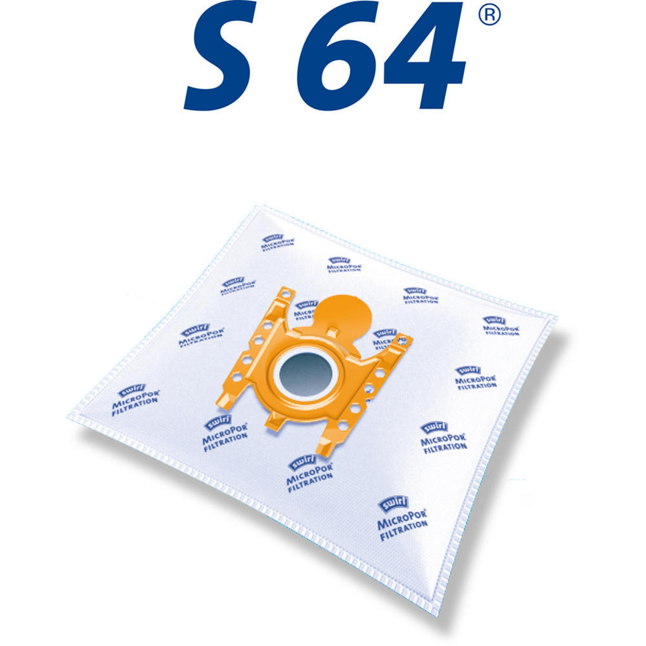 Staubsaugerbeutel, weiß mit orangefarbenen und blauen Akzenten, Produktverpackung.