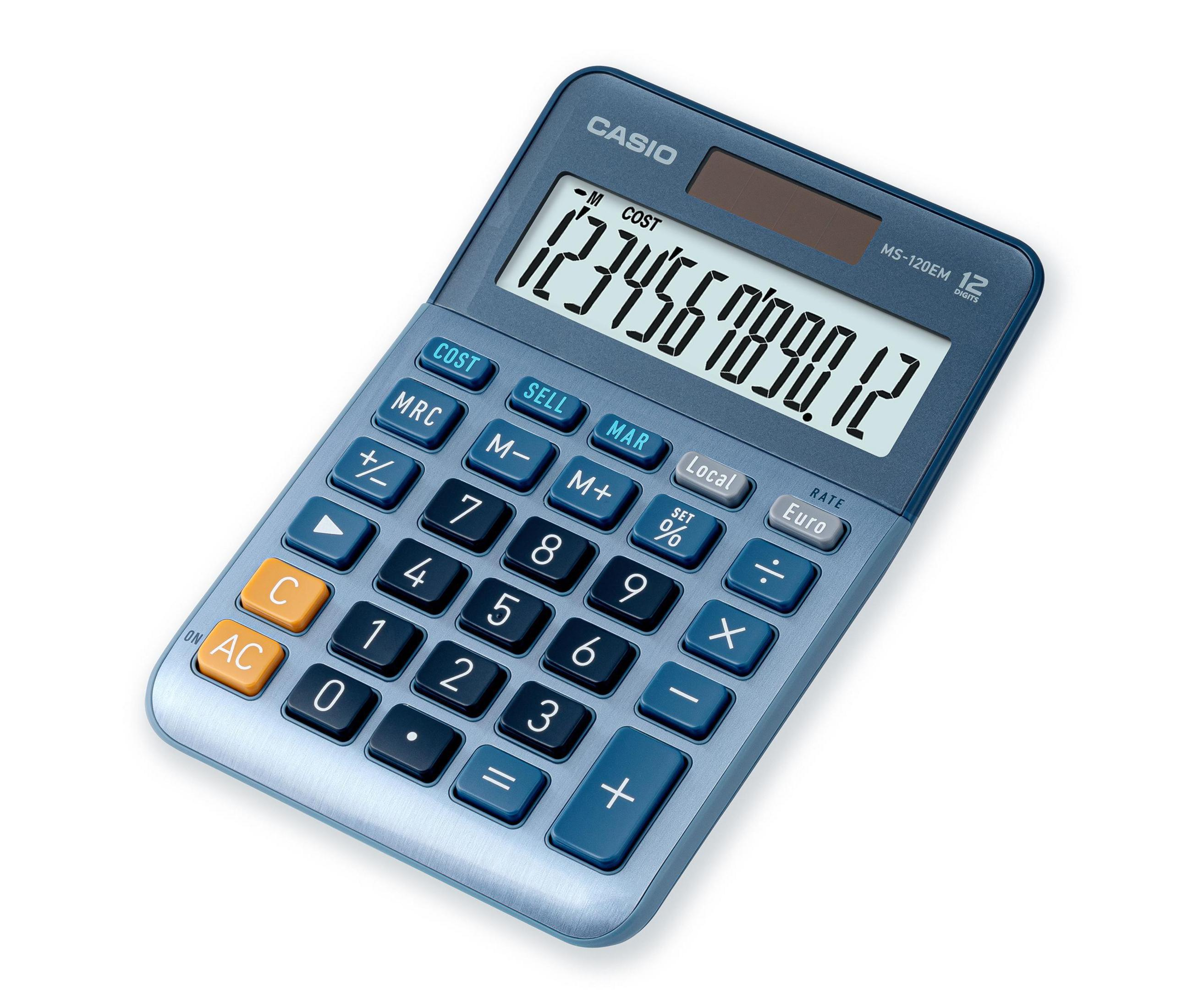 Niebieski kalkulator wyświetlający duże liczby. Białe tło.