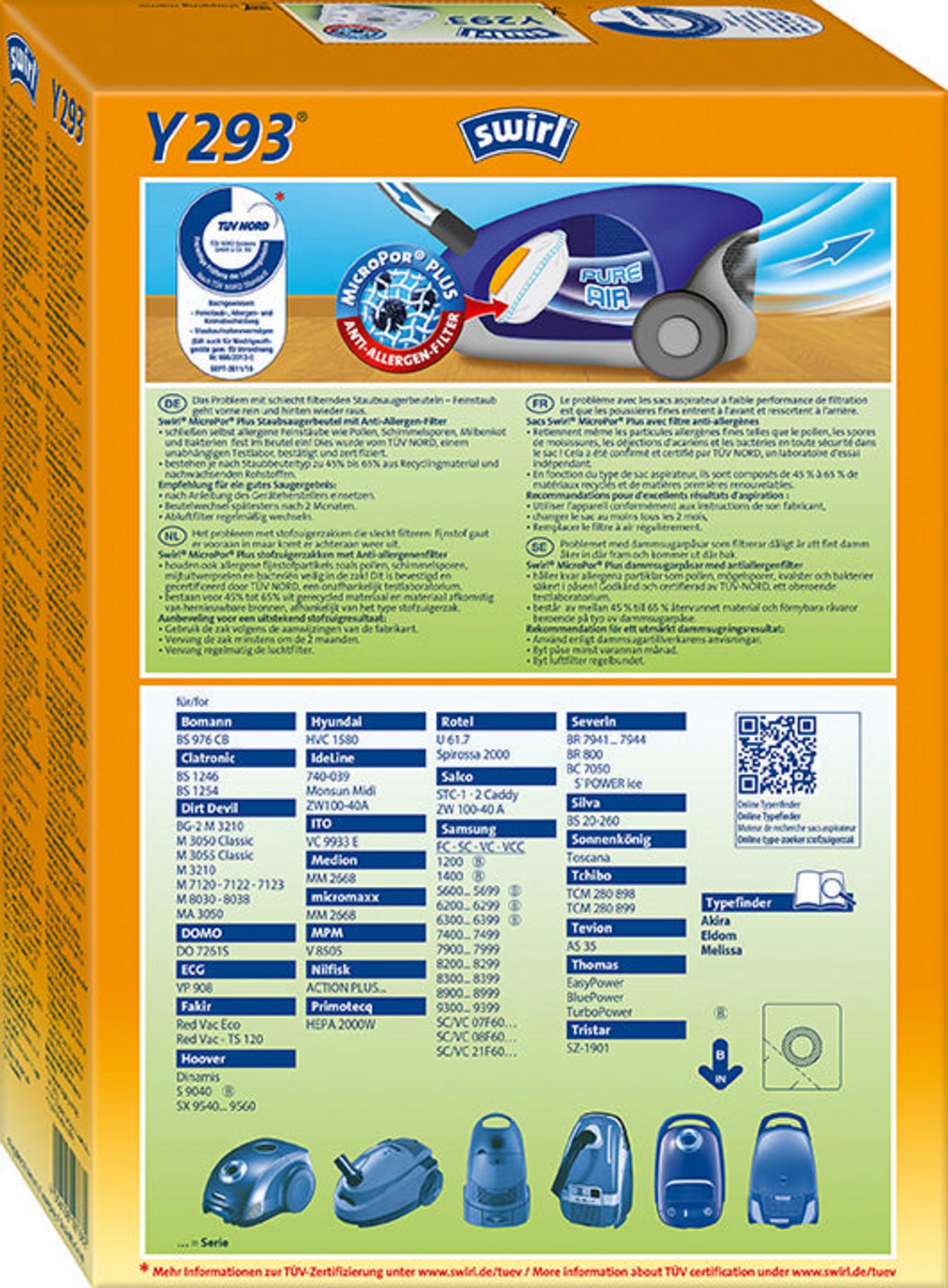 Karton mit Text und Bildern eines Staubsaugers. Er enthält Produktinformationen und Markenlogos.