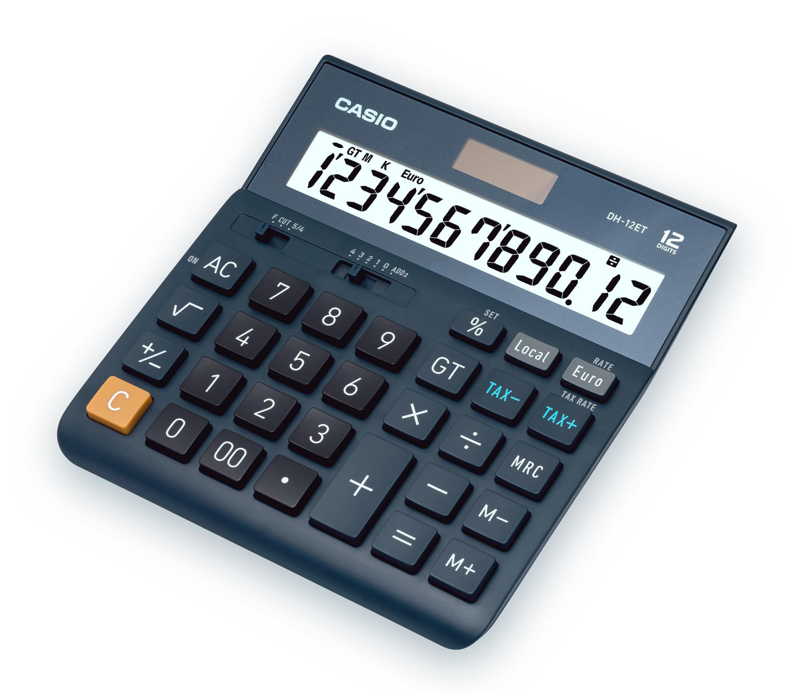 Kalkulator Casio. Czarny korpus, białe przyciski i wyświetlacz pokazujący dużą liczbę.