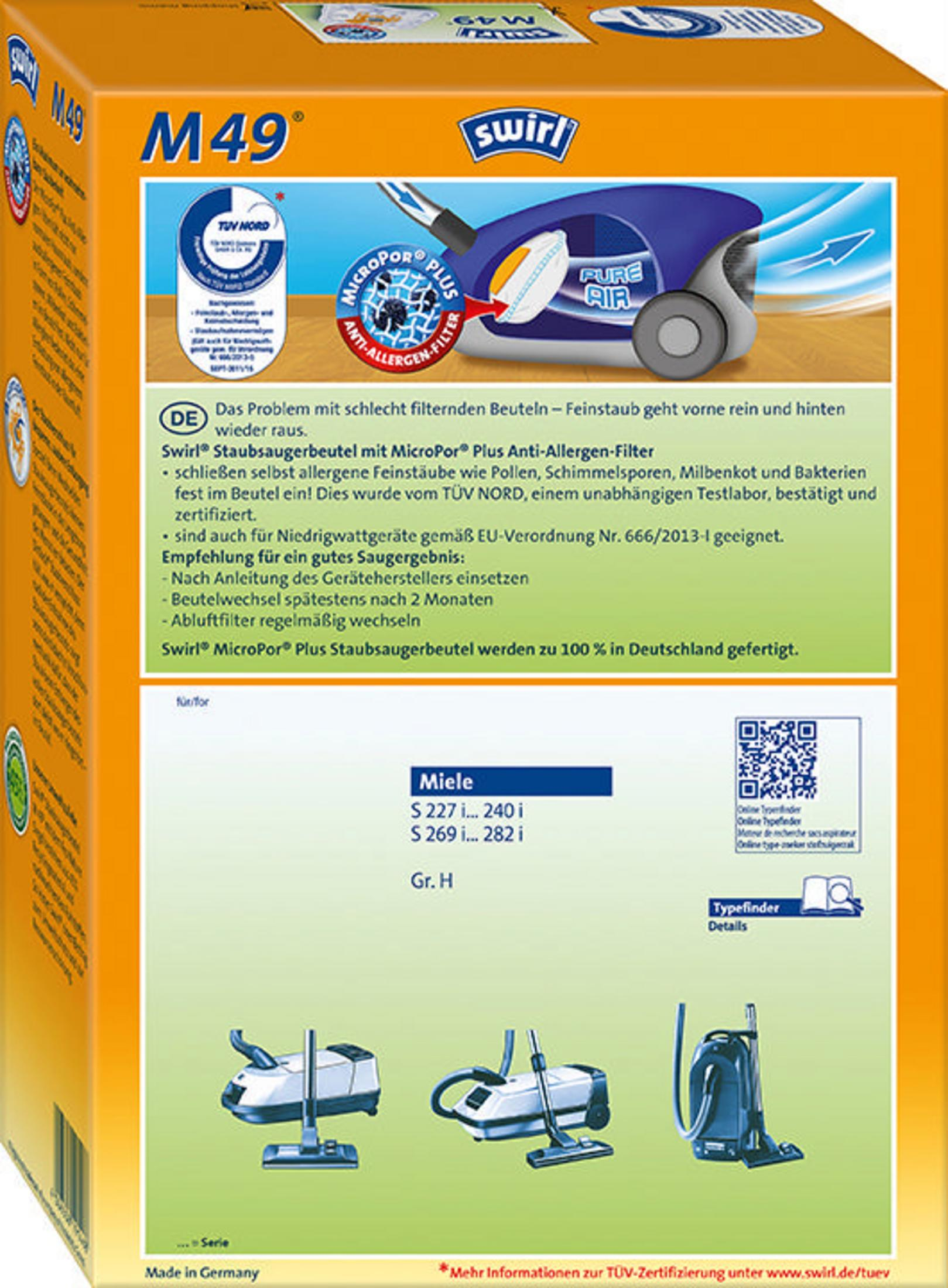 Eine Packung Swirl M49 Staubsaugerbeutel mit Text und Grafiken.