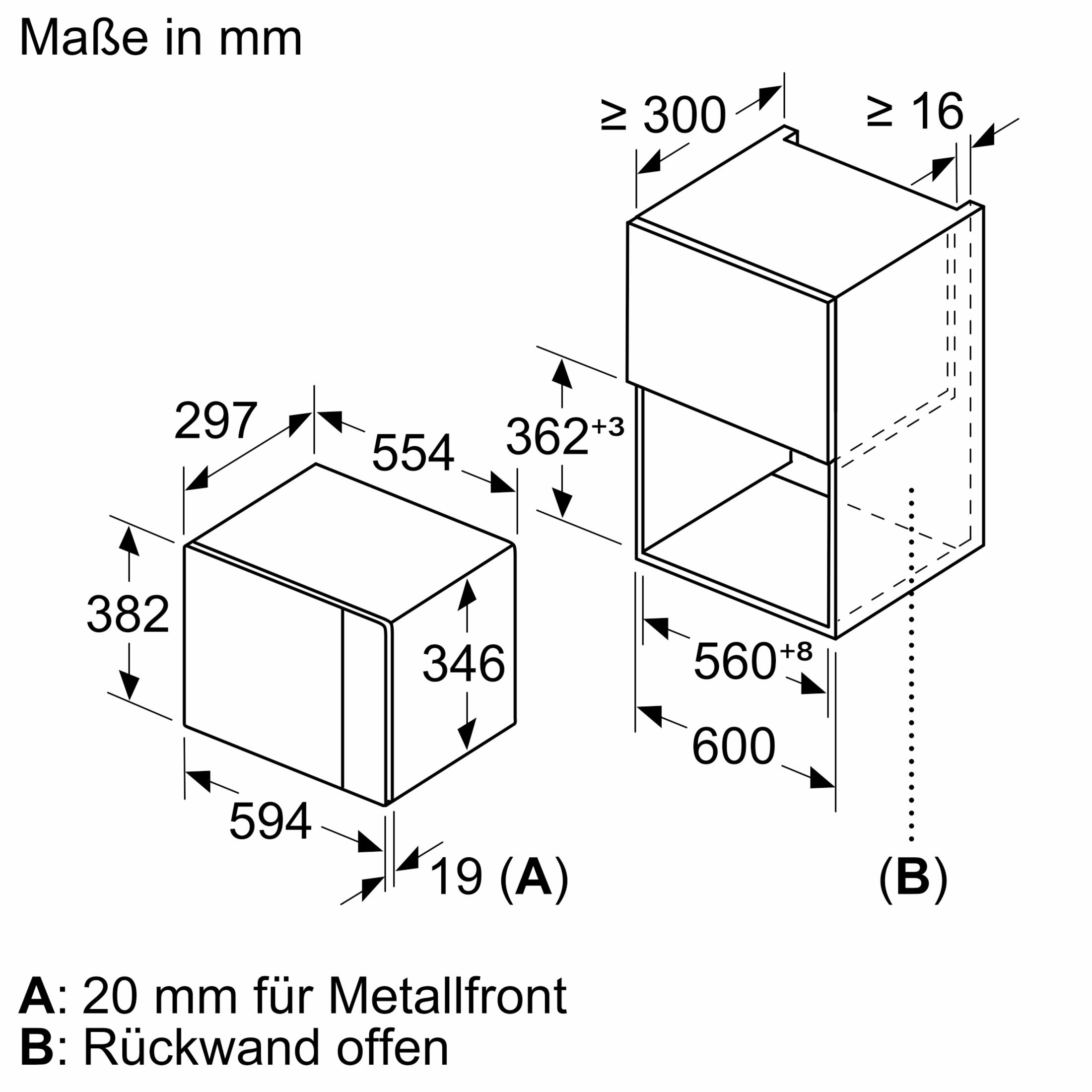 Schematische Zeichnung mit Abmessungen für einen Einbau-Backofen und eine Mikrowelle.