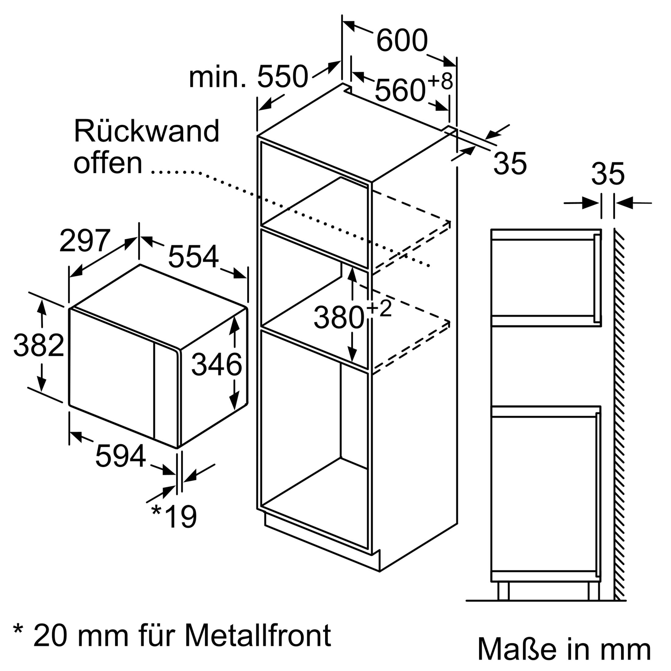 Technische Zeichnung eines Einbau-Mikrowellenofens mit Maßangaben in Millimetern.