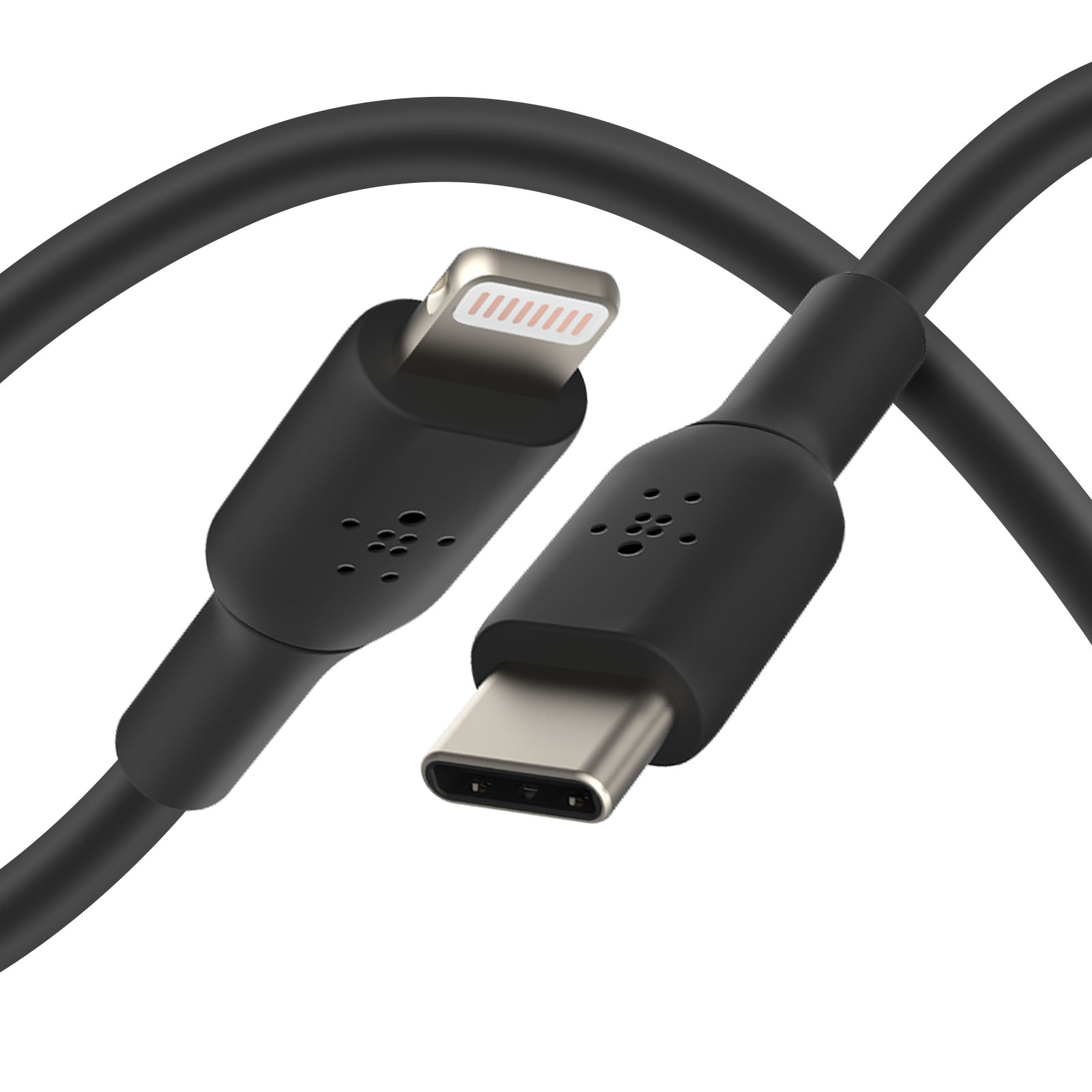 Schwarzes Ladekabel mit USB-C- und Lightning-Anschluss.