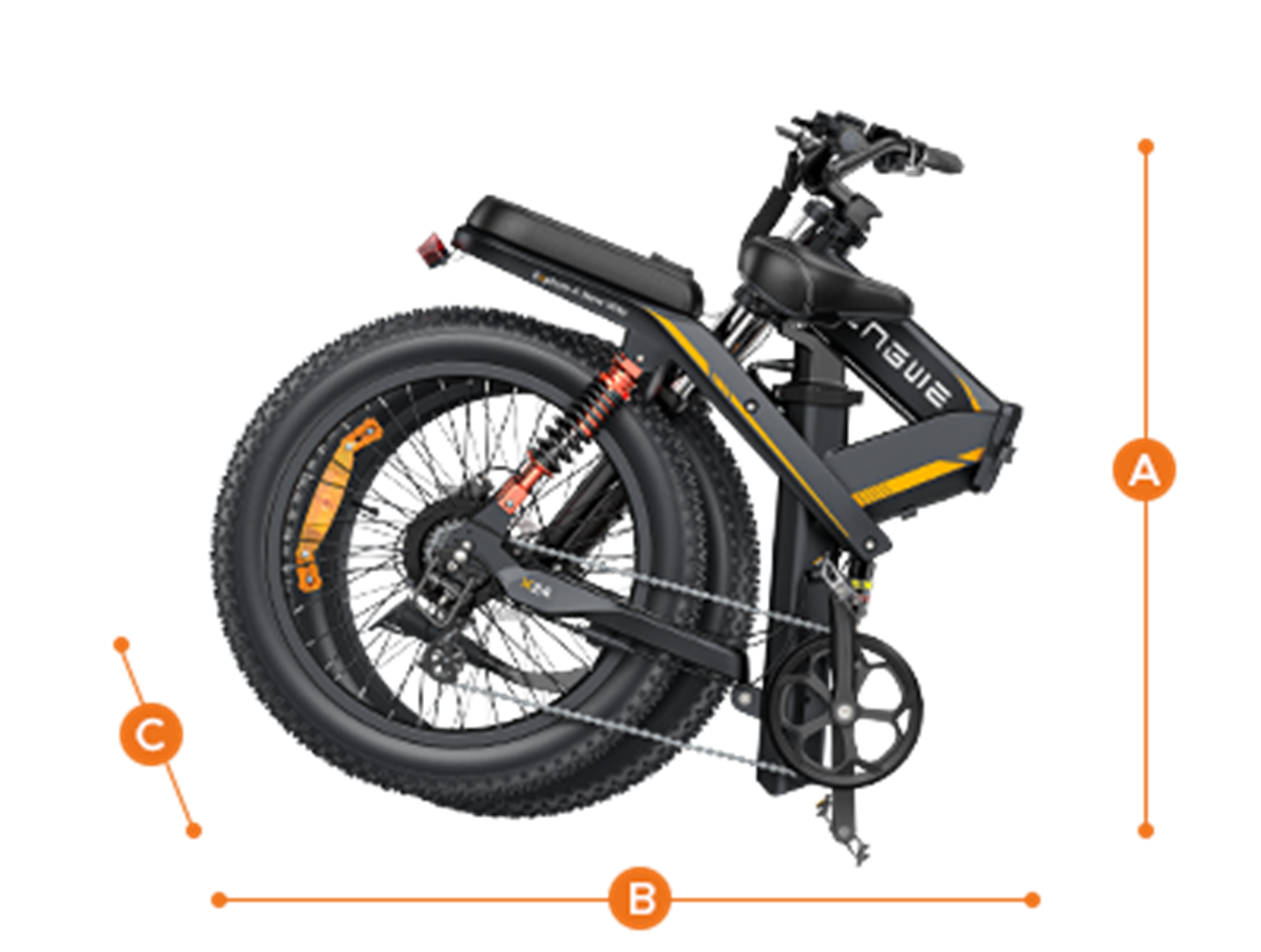 Bicicleta eléctrica plegable negra y amarilla. Neumáticos grandes, batería y suspensión visibles. Está plegada.
