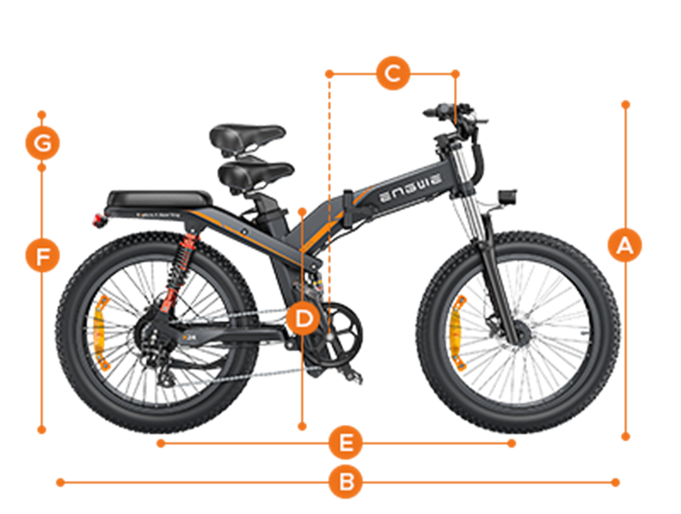 Una bicicleta eléctrica negra con detalles naranjas. Tiene llantas grandes y un cuadro plegable.