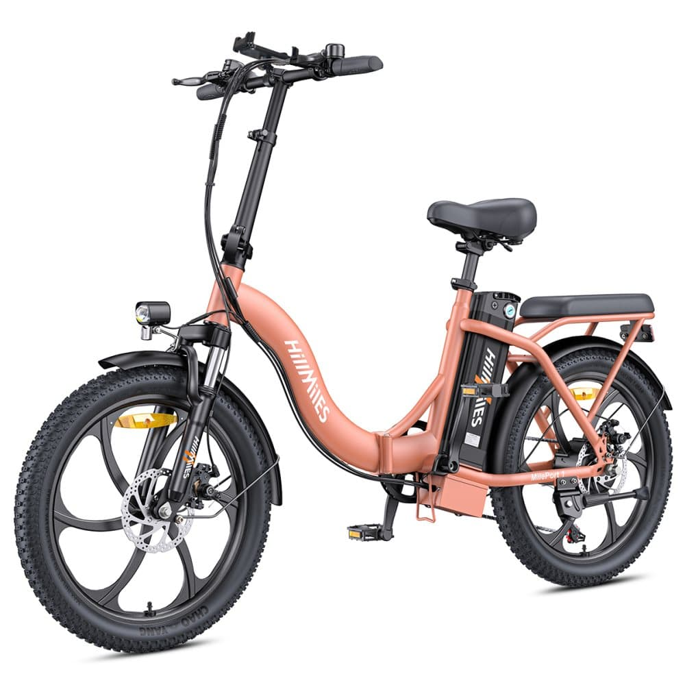 Bicicletta elettrica color corallo, con ruote e pneumatici neri, su sfondo bianco.