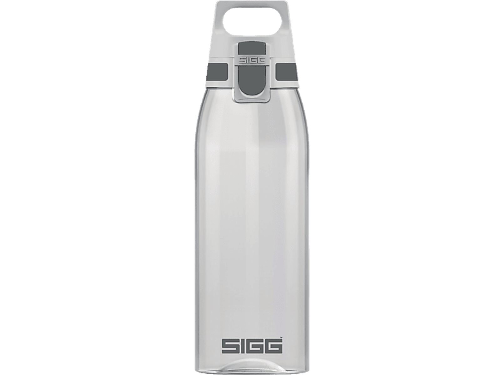 Eine durchsichtige SIGG-Wasserflasche mit grauem Deckel und Griff.