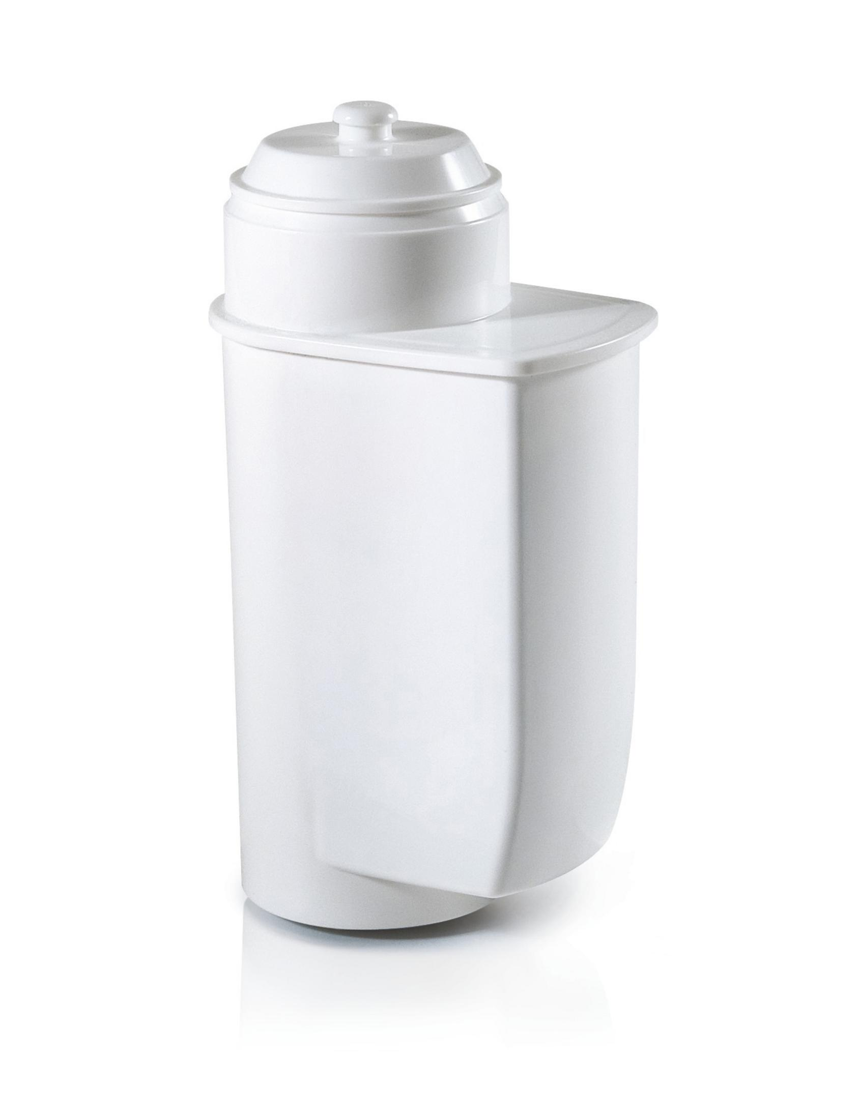 Weißer Wasserfilter. Er hat einen zylindrischen Körper und einen Deckel.