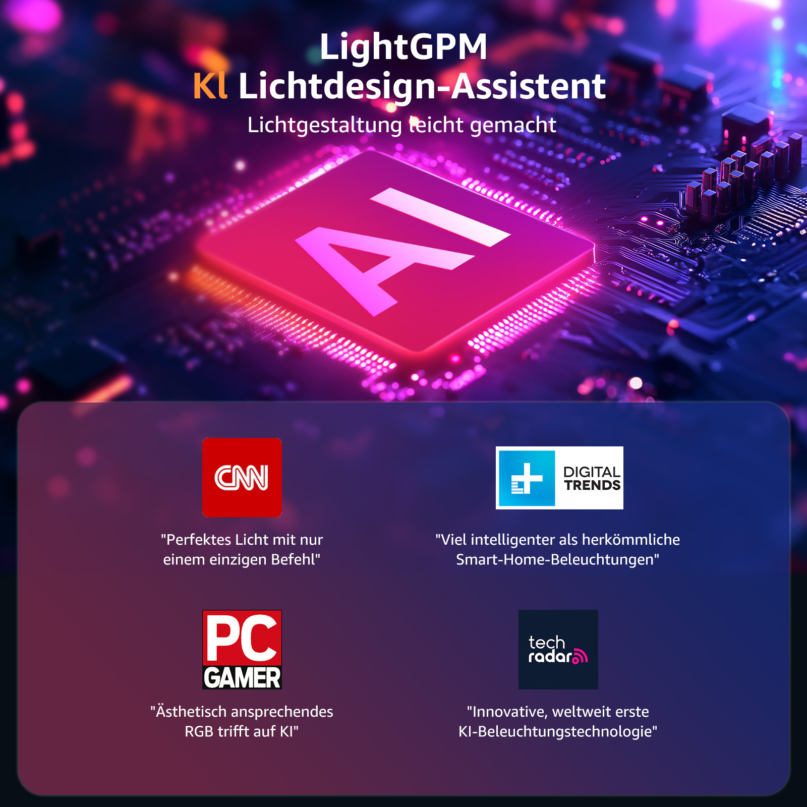 Ein Werbebild mit Logos und Texten zu einem LightGPM-Produkt.