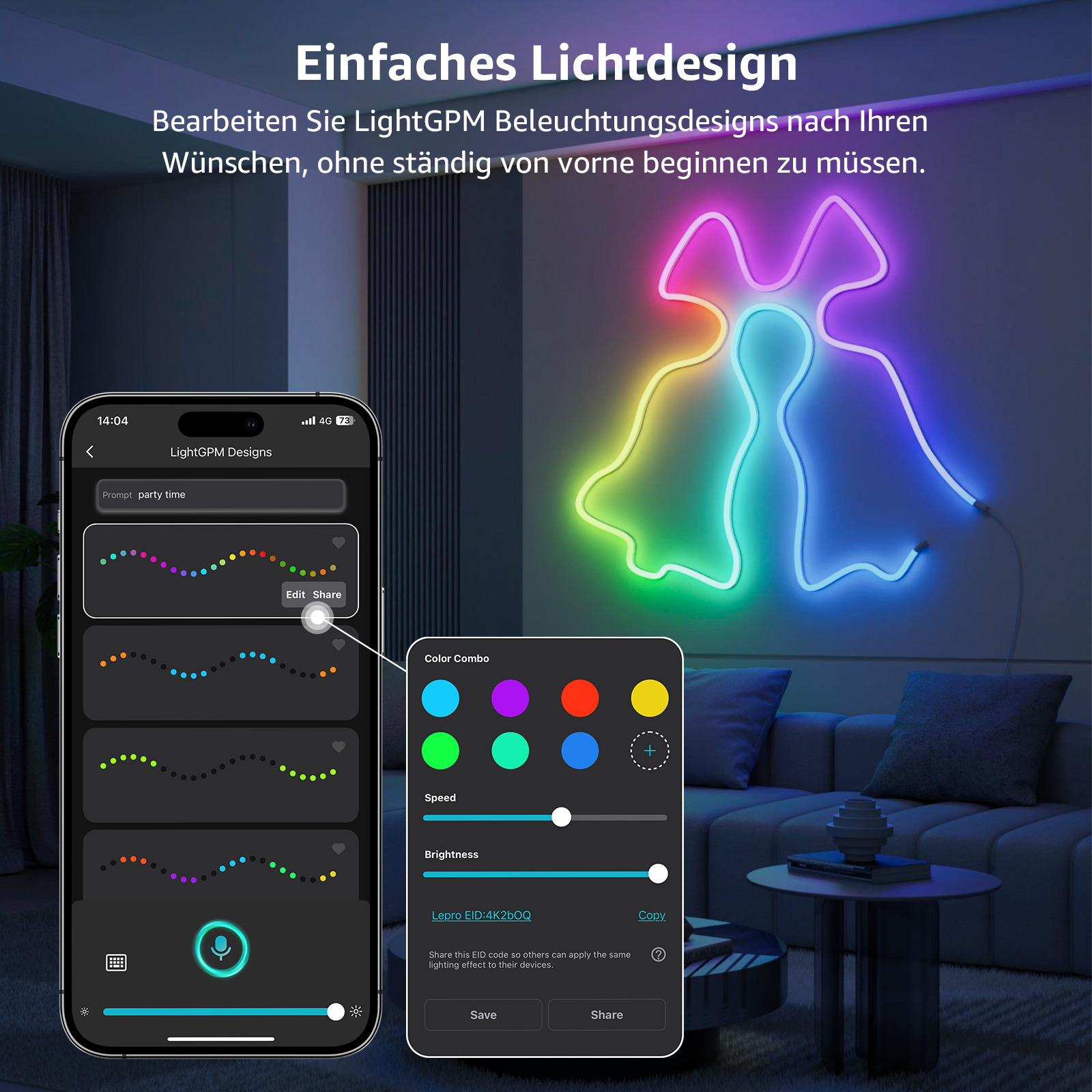 Telefon mit App zur Steuerung eines bunten Neonzeichens. Couch und andere Gegenstände im Hintergrund.