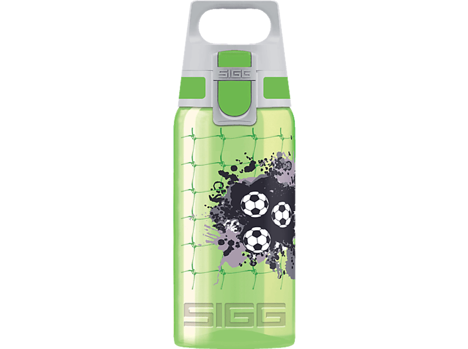 Grüne SIGG-Wasserflasche mit Fußball-Design, schwarzer Hintergrund. Die Flasche hat einen grauen Deckel.