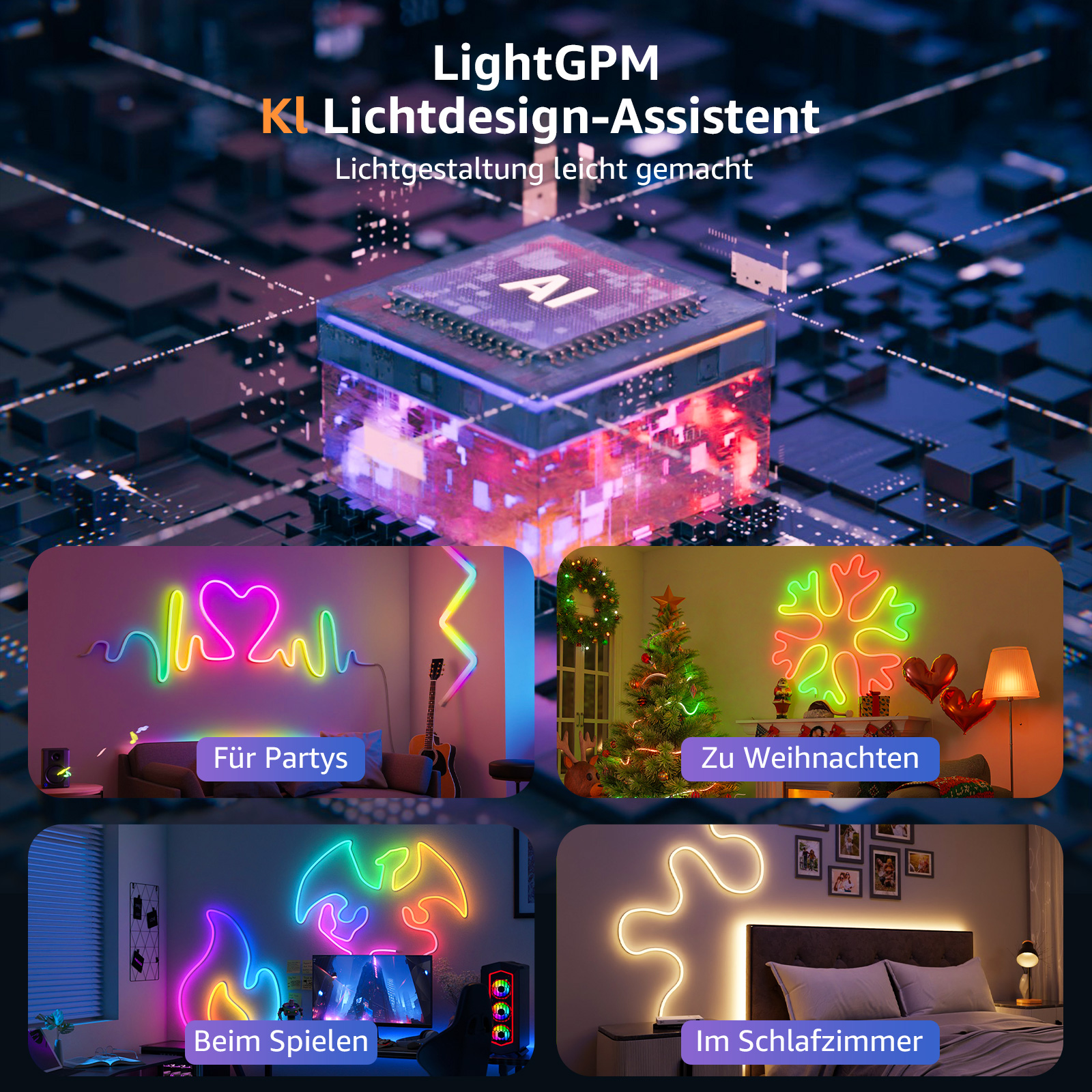 Bild zeigt LightGPM-Produkt mit Neonlicht-Szenen für verschiedene Umgebungen.