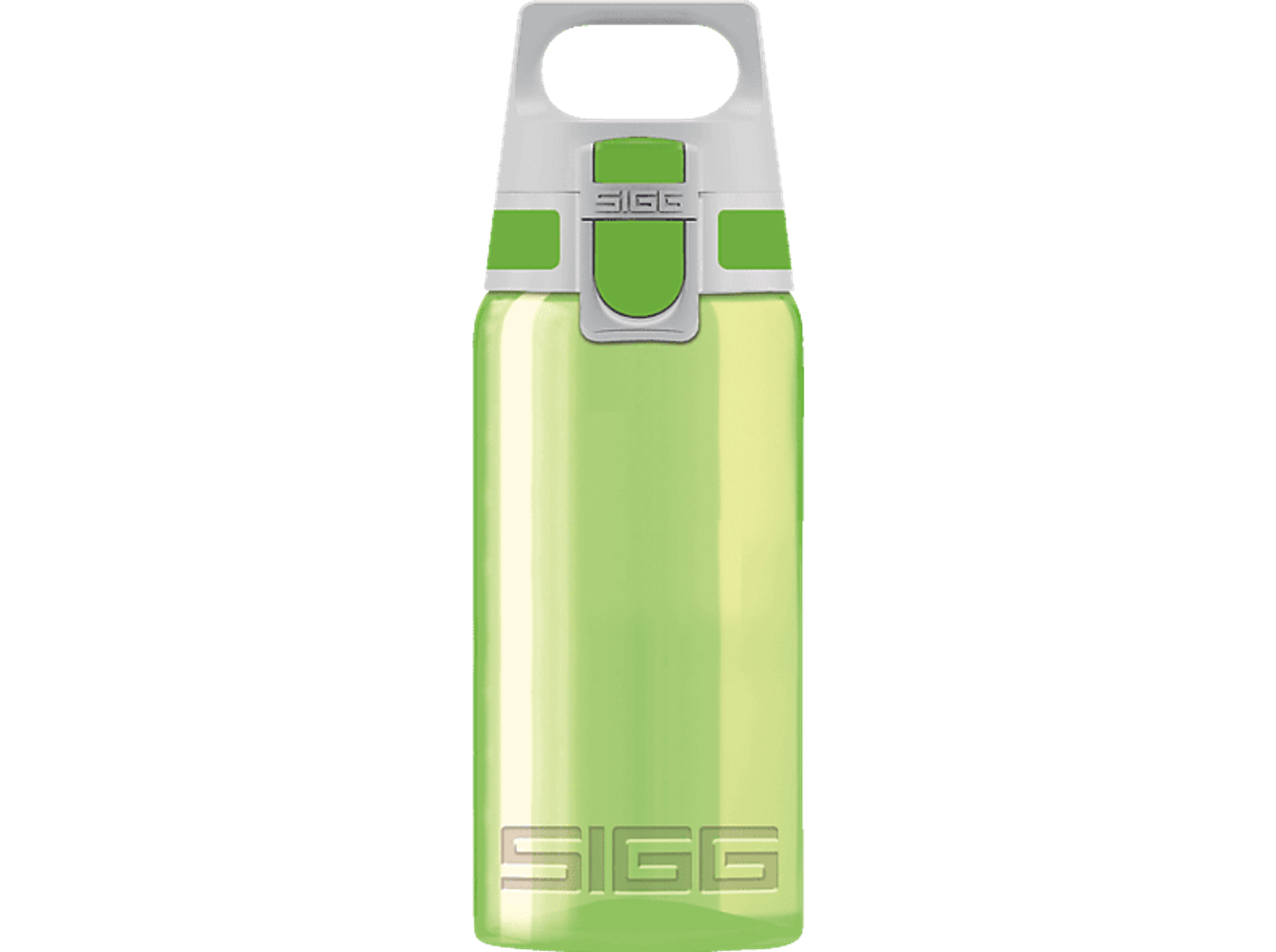 Grüne und weiße Wasserflasche mit dem SIGG-Logo. Die Flasche ist transparent und hat einen weißen Deckel.
