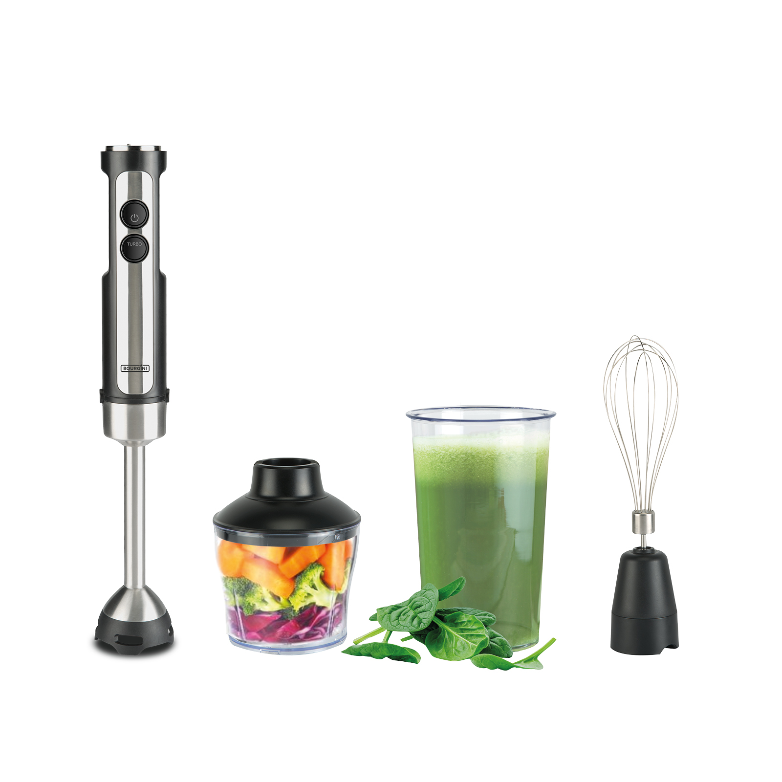 Blender ręczny, pojemnik z warzywami, zielony sok, szpinak i trzepaczka.