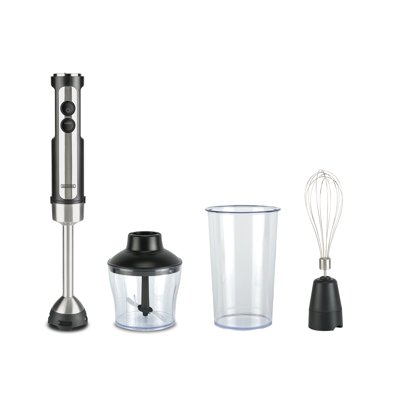 Blender ręczny z akcesoriami: końcówka do blendowania, rozdrabniacz, kubek i trzepaczka.