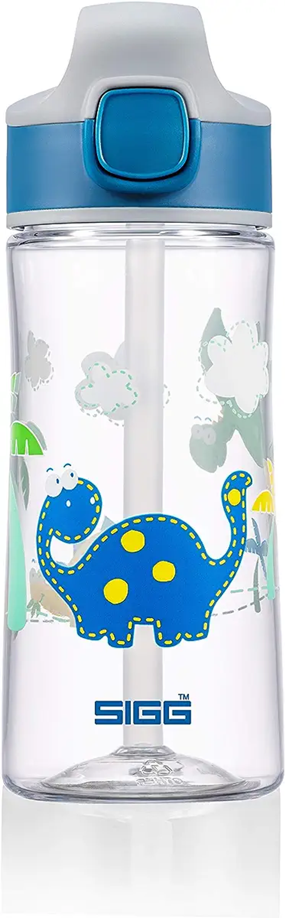 Transparente Plastikwasserflasche mit blauem Deckel und Dinosaurier-Design an der Seite.