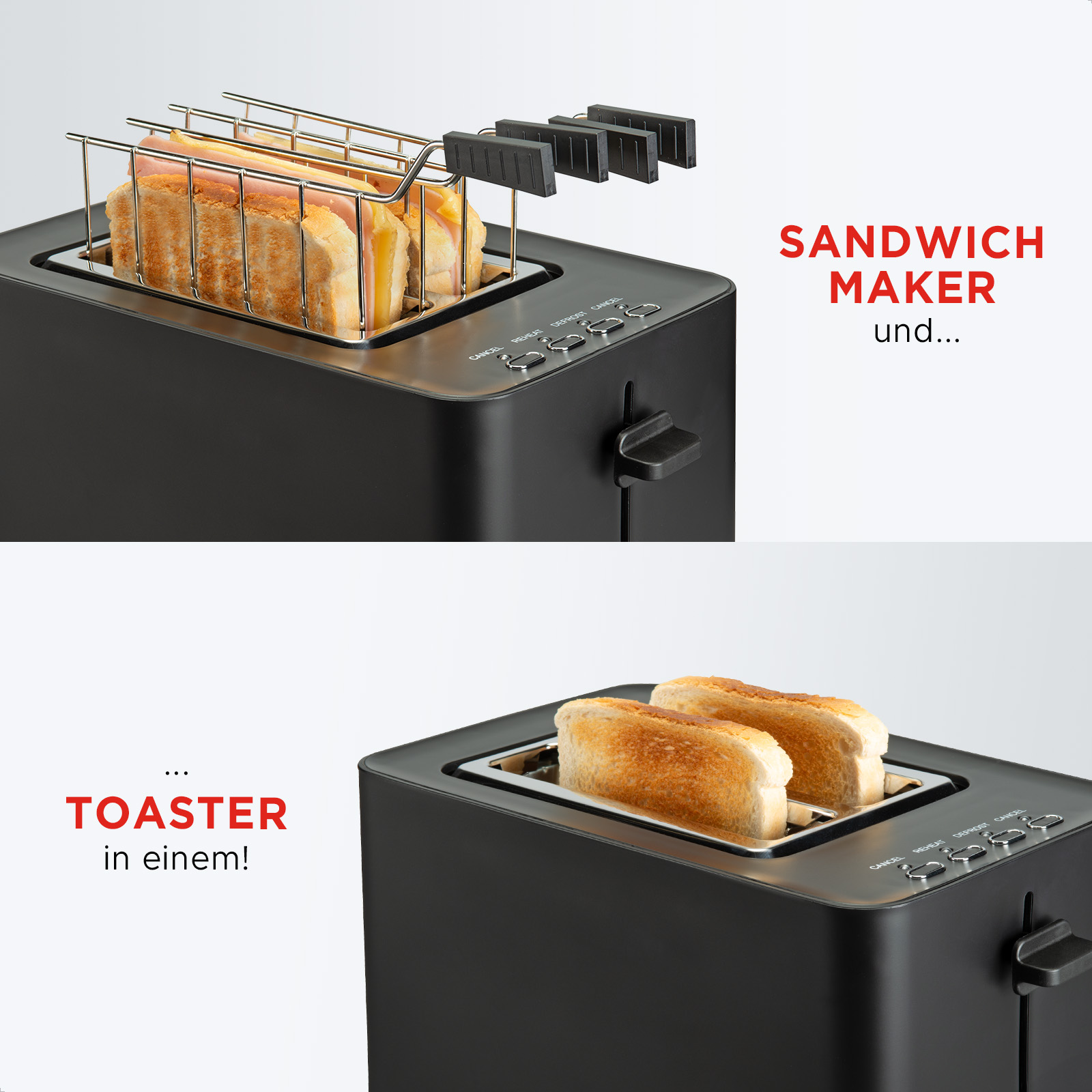 Czarny opiekacz do kanapek z kanapką i tostami. Tekst: SANDWICH MAKER... TOASTER in einem! Białe tło.