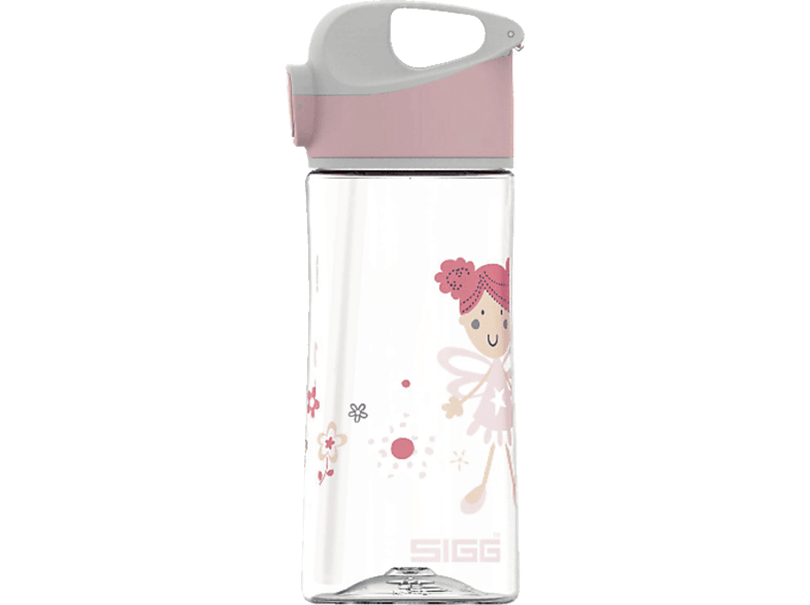 Eine transparente Wasserflasche mit pinkfarbenem Deckel und einer Feen-Illustration.