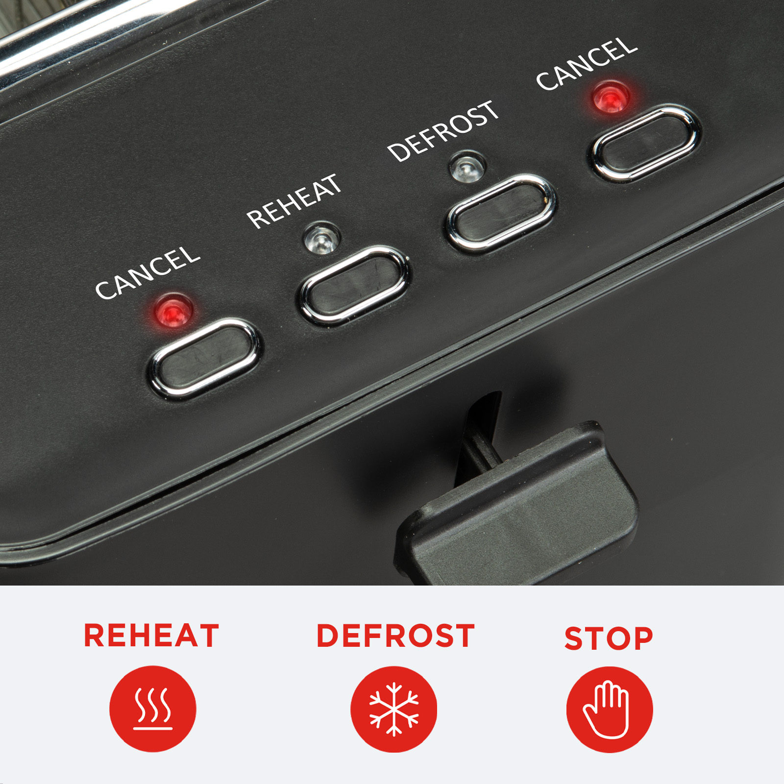 Toster z przyciskami anulowania, podgrzewania i rozmrażania, ze wskaźnikami. Czarny toster.