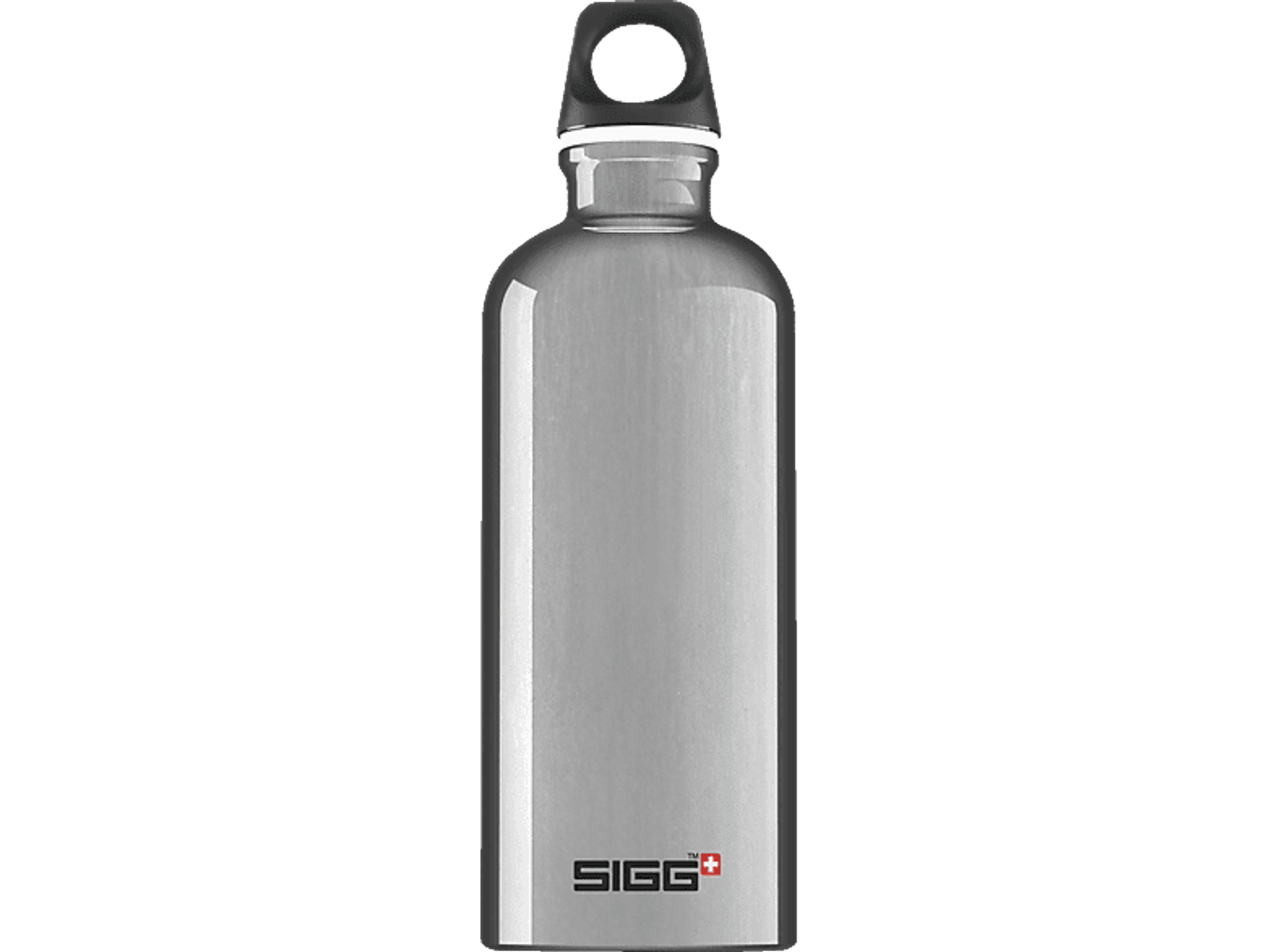 Eine silberne Wasserflasche mit dem SIGG-Logo und einem schwarzen Griff.