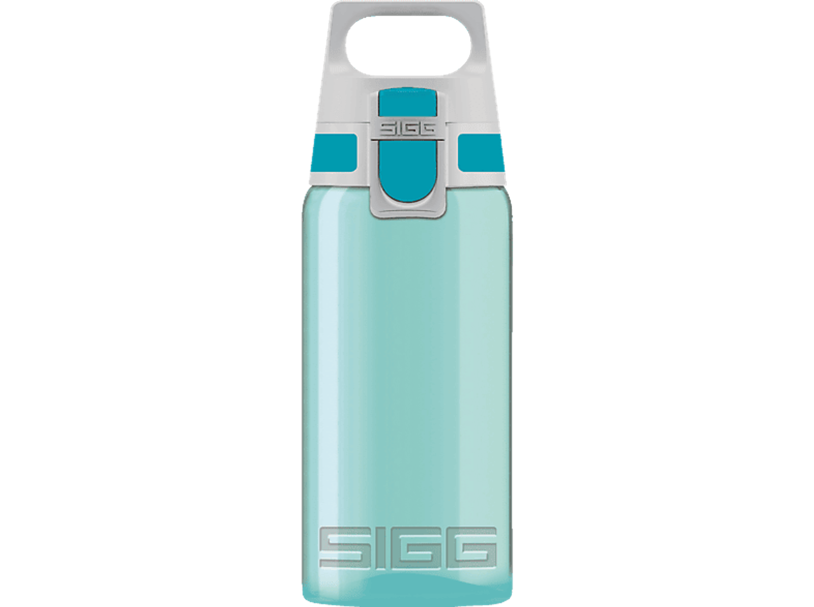 Eine blau-weiße Wasserflasche.