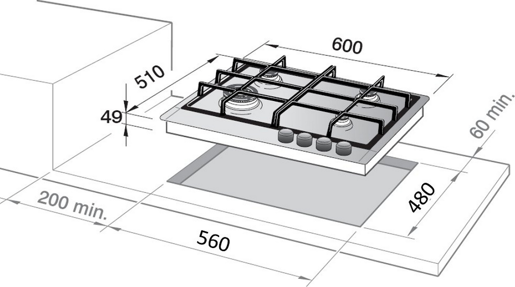 Un piano cottura a gas da incasso nero e argento con dimensioni.