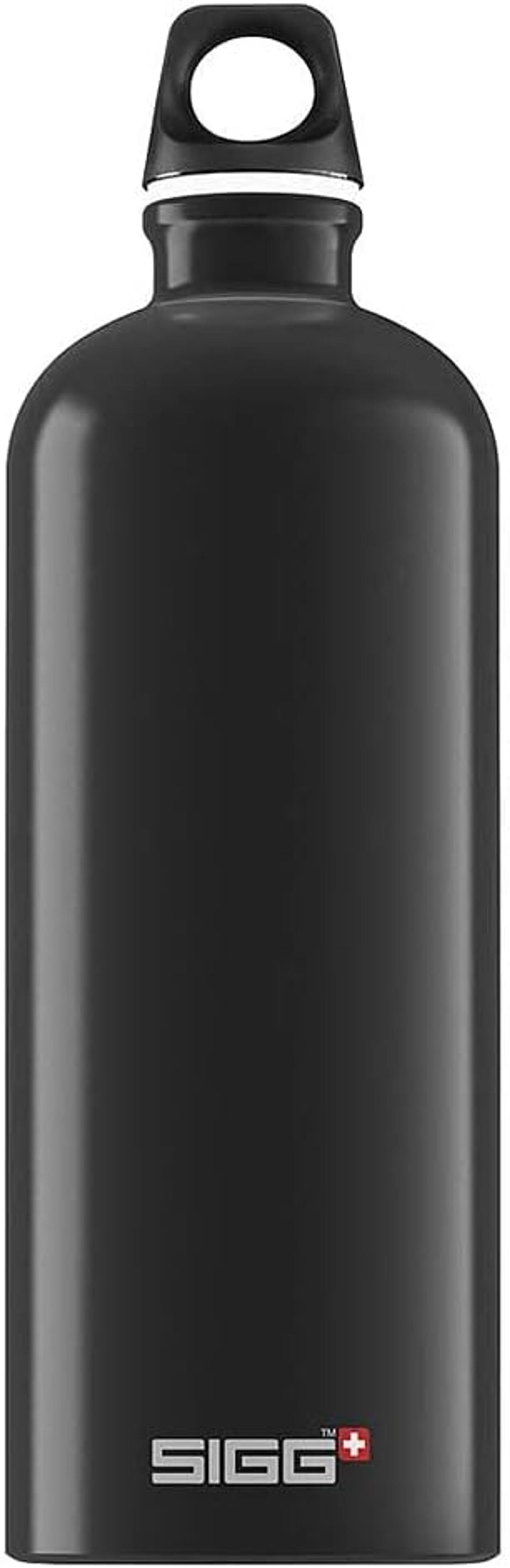 Eine schwarze SIGG-Wasserflasche mit weißem Ring und schwarzem Deckel, auf Weiß.