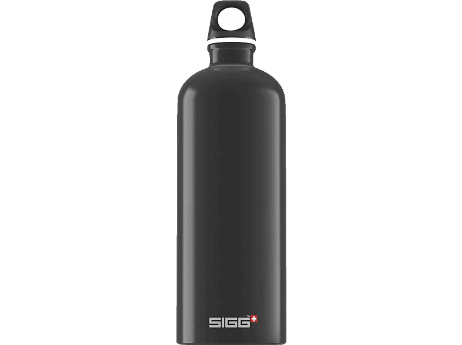 Eine schwarze SIGG-Wasserflasche. Sie hat einen weißen Deckel und das SIGG-Logo am Boden der Flasche.