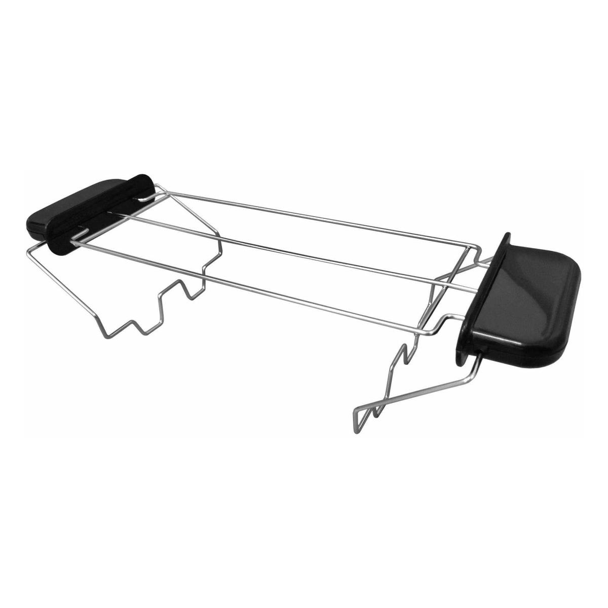 Czarny metalowy ruszt do tostera z czarnymi plastikowymi końcami.