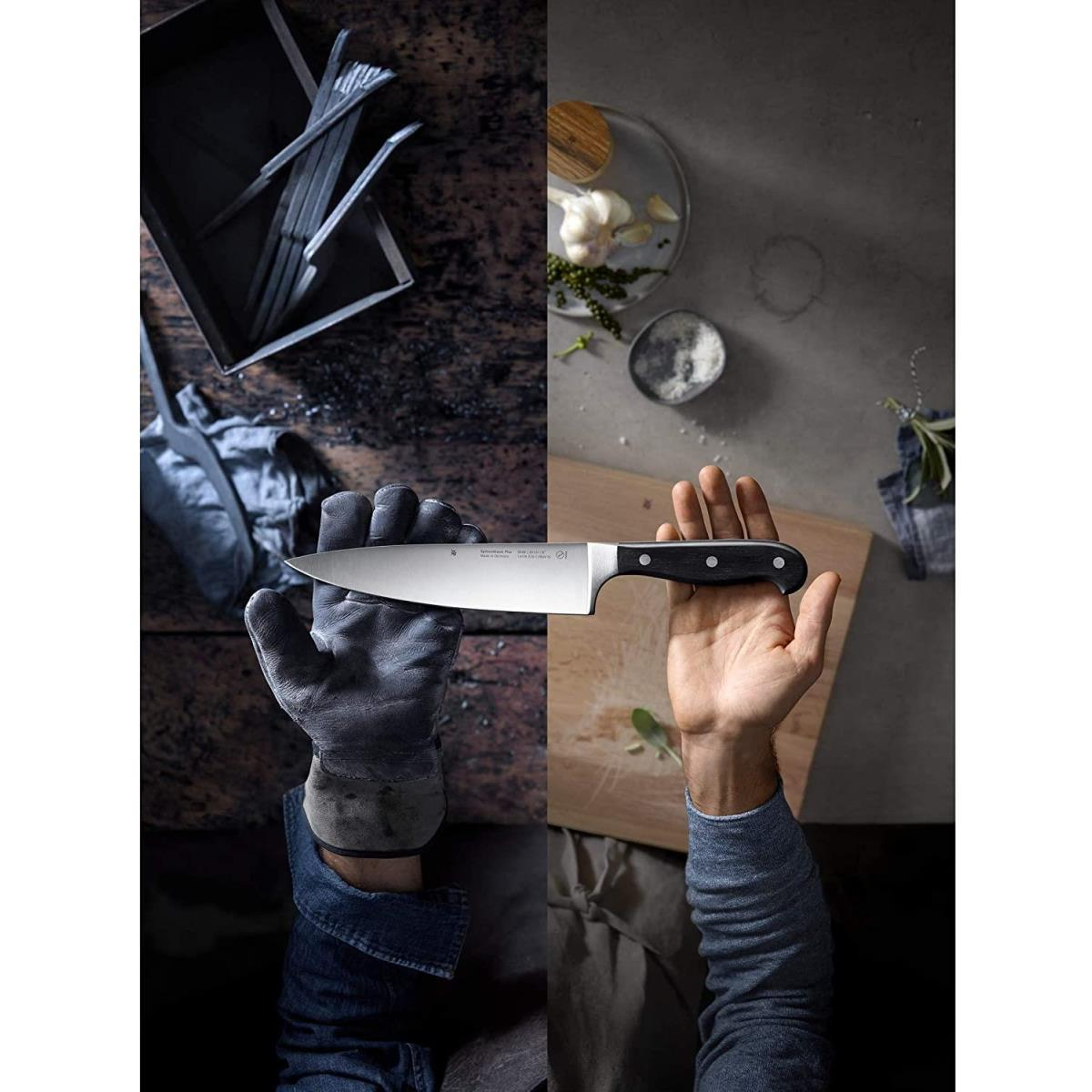 Dłonie trzymające nóż i rękawice. Składniki żywności w tle.