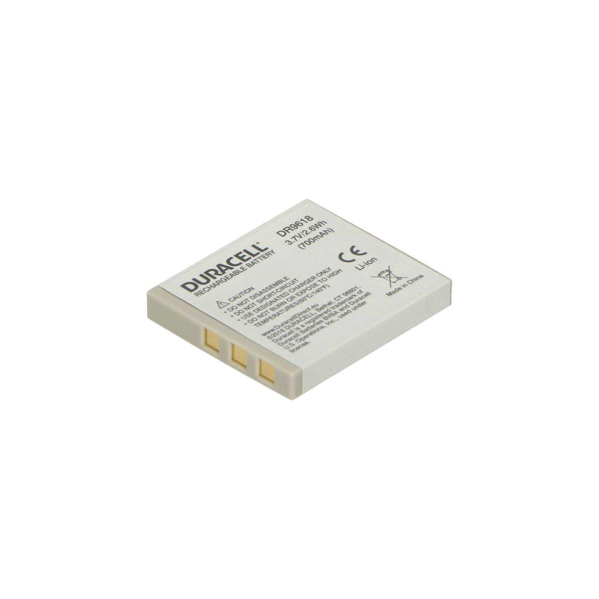 Ein wiederaufladbares Duracell-Batteriepack auf einer weißen Oberfläche, mit Text und Logos.