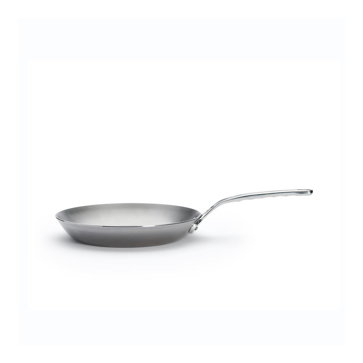 Stainless steel frying pan with handle. White background. Isolated cooking utensil.
