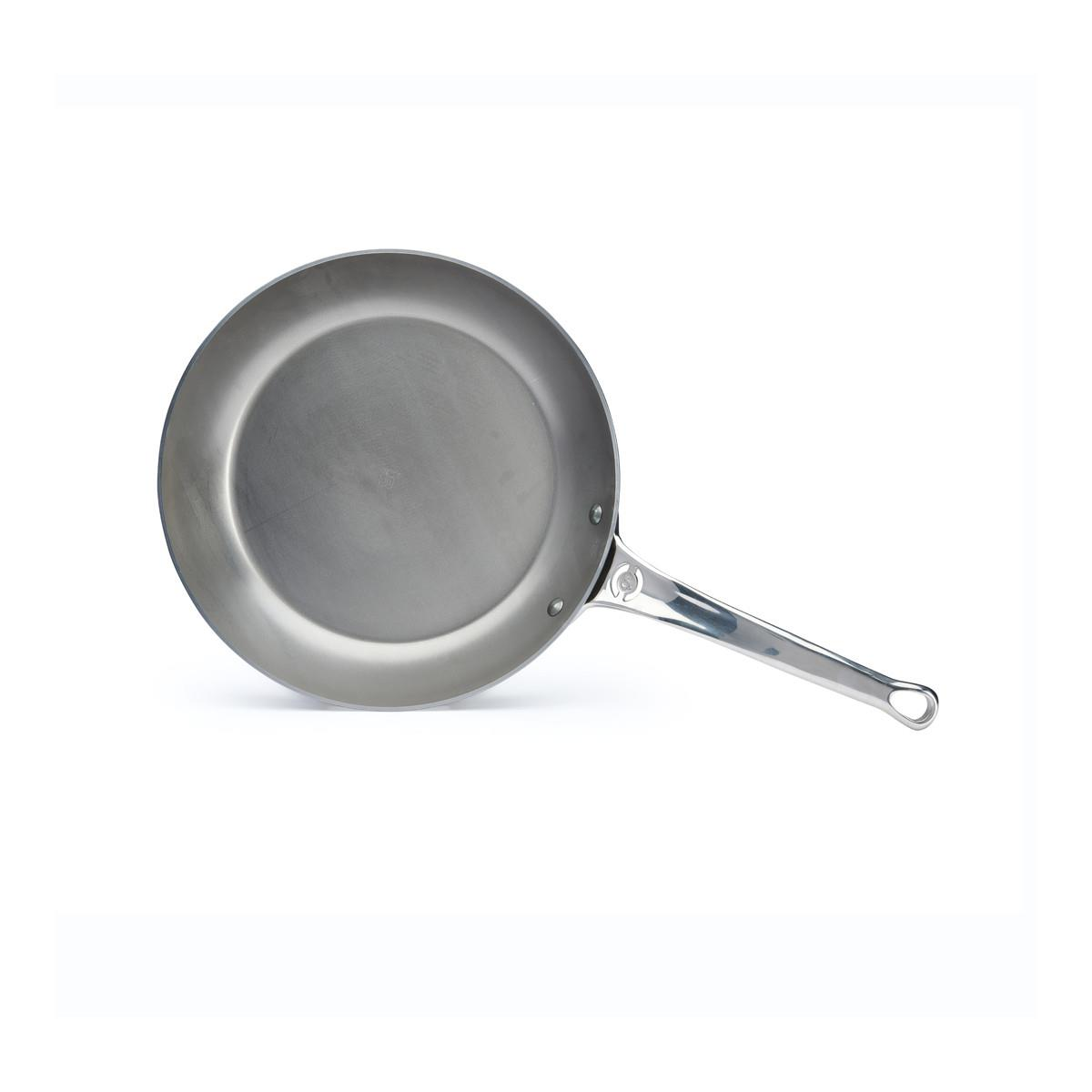 A silver frying pan on a white background. It has a long handle and a round cooking surface.