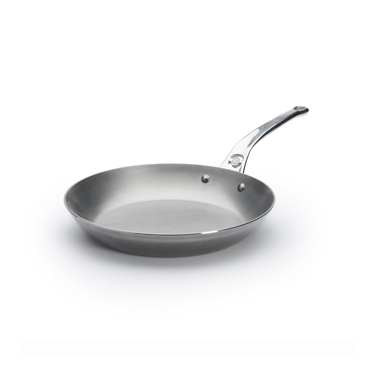 A stainless steel frying pan with a long handle, isolated on a white background.