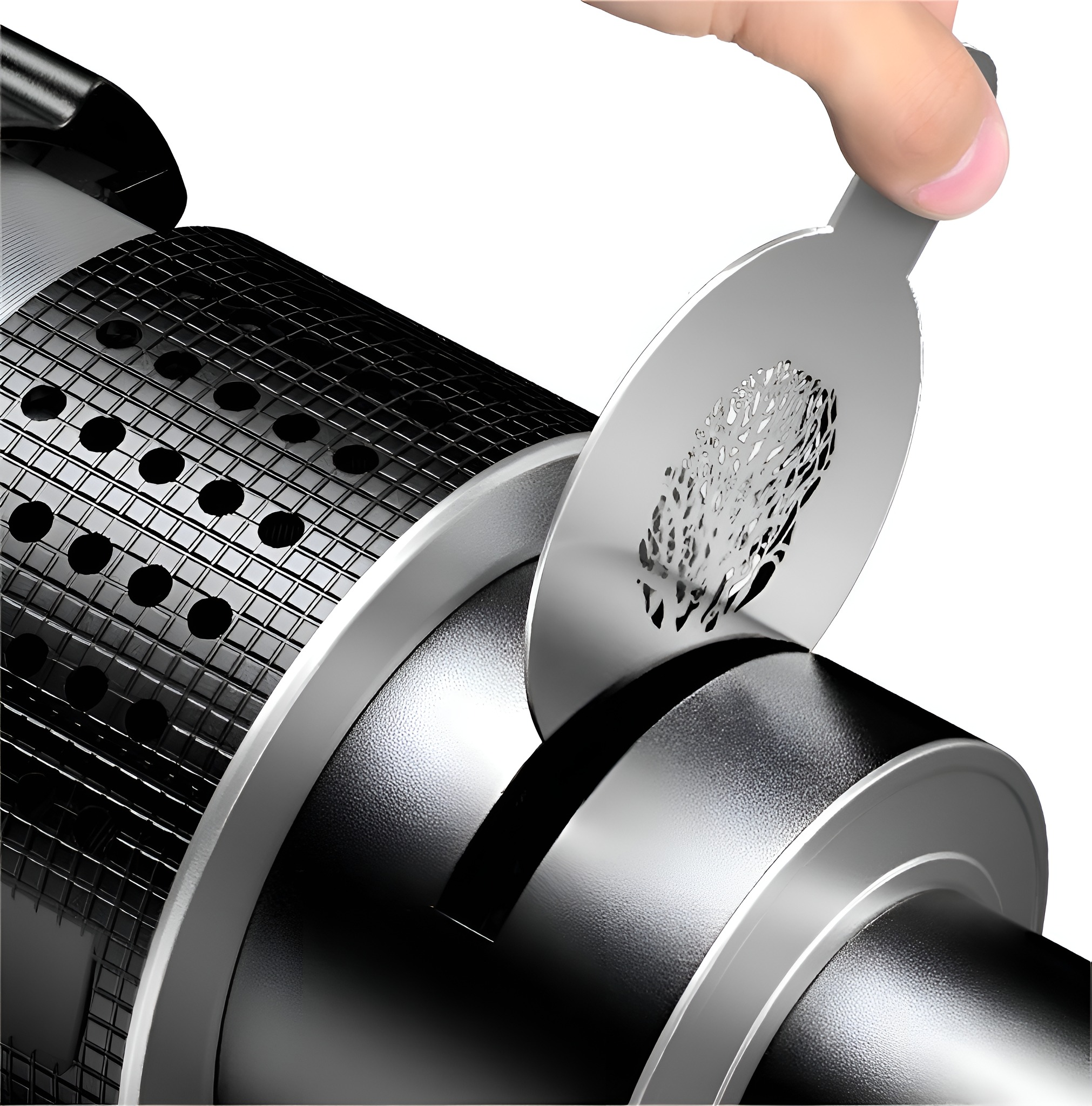 Eine Hand, die einen Filter in ein schwarzes zylindrisches Objekt einsetzt. Der Filter ist silber mit Perforationen.