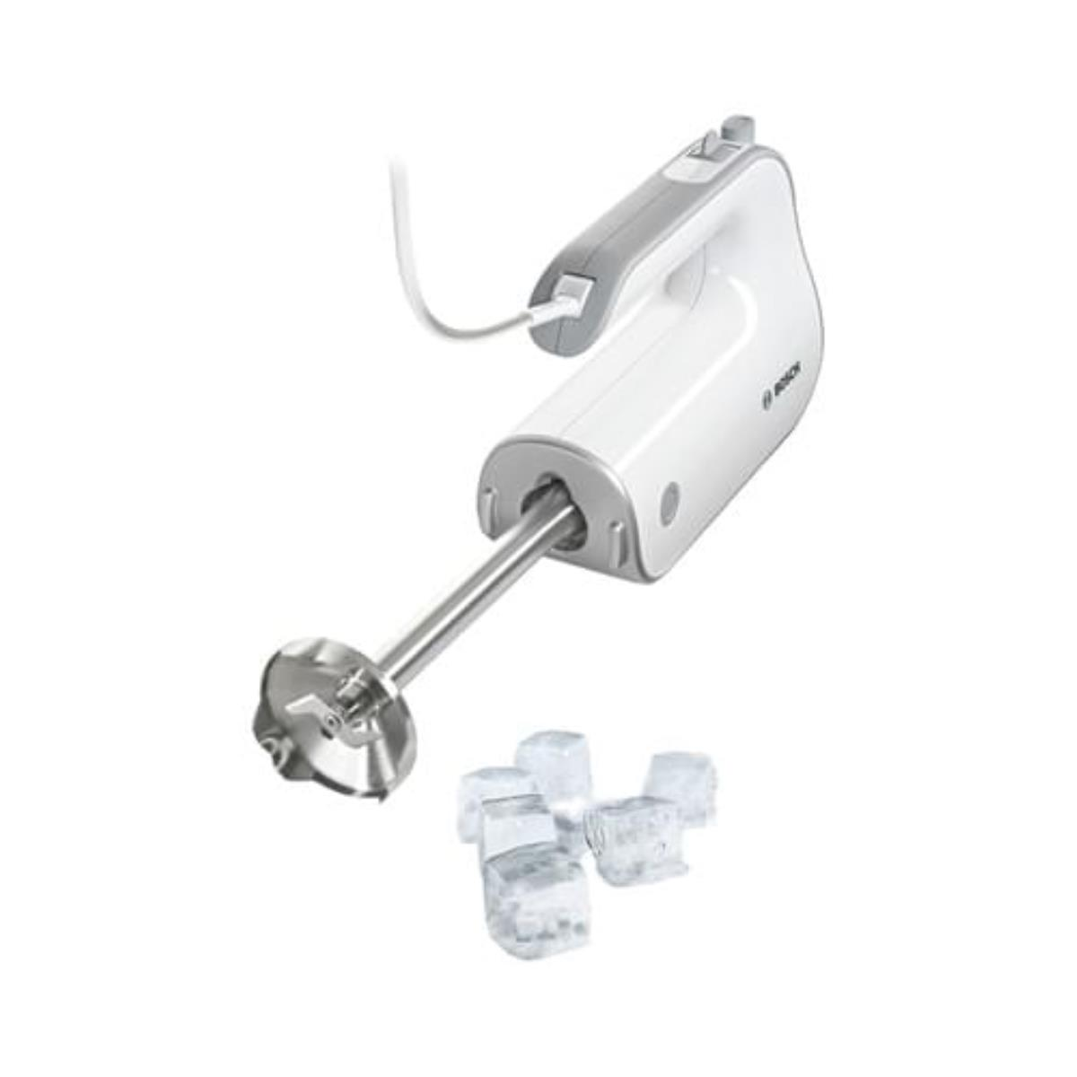 White hand blender with ice cubes. Blender has white and gray parts.