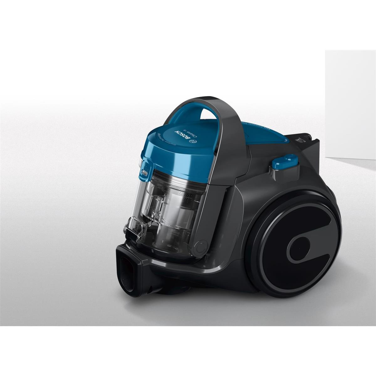 Niebieski i szary odkurzacz. Widoczne czarne koło, uchwyt i pojemnik na kurz.