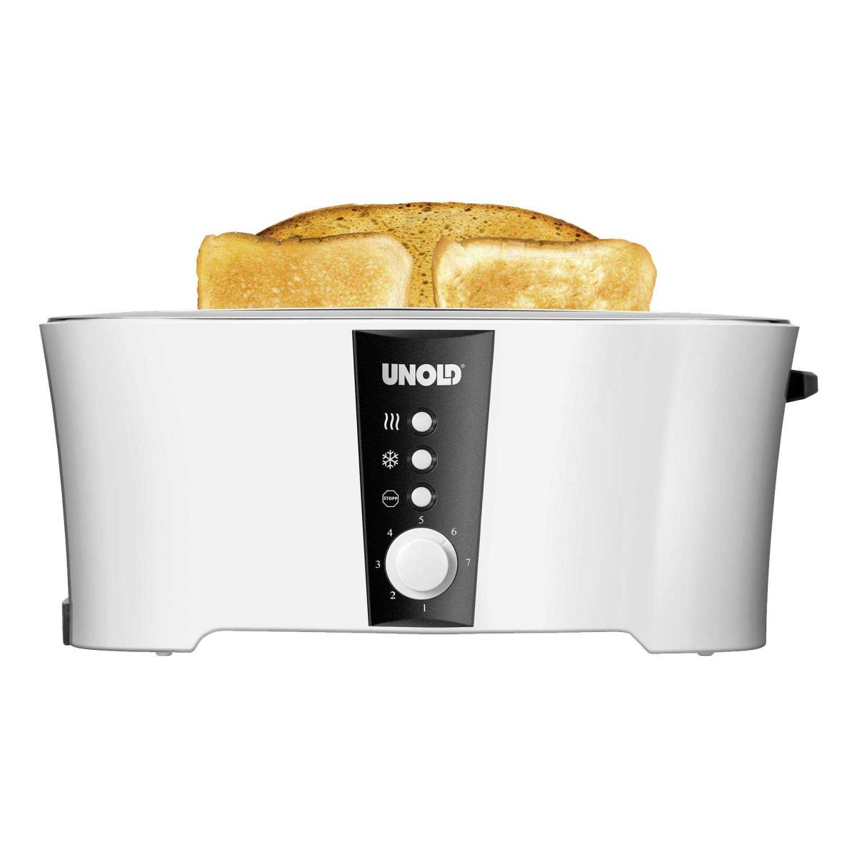 Biały toster z dwoma kromkami tostowanego chleba i panelem sterowania.