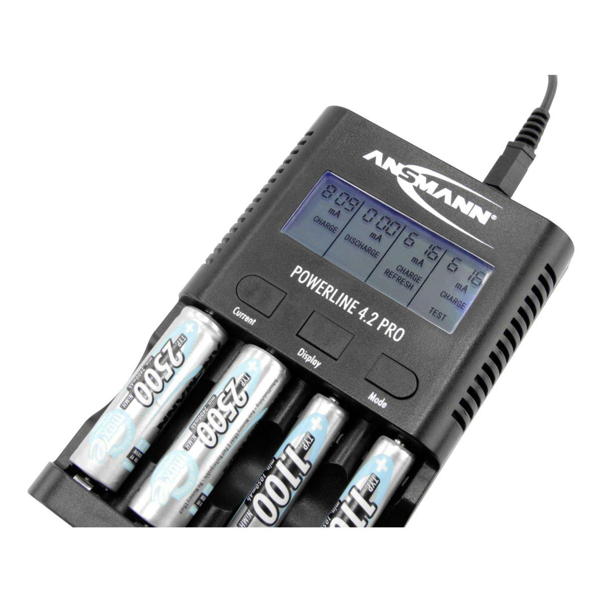 Ein schwarzes Batterieladegerät mit vier Batterien und einem Display, das den Ladestatus anzeigt. Der Markenname ist ANSMANN.