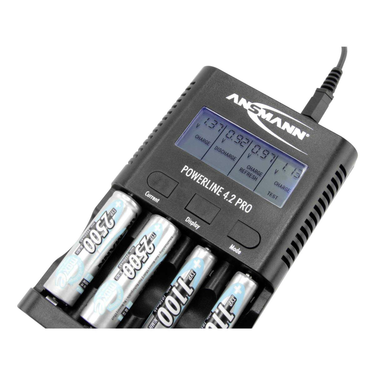 Schwarzes Batterieladegerät mit Display, das den Ladestatus von vier Batterien anzeigt.