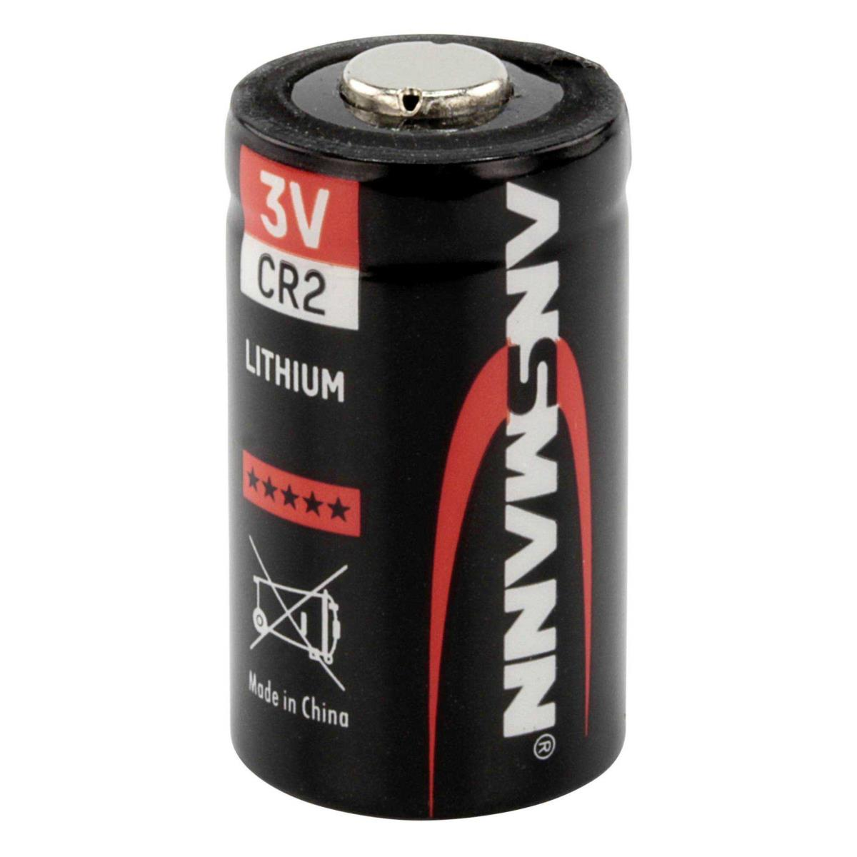 Czarna cylindryczna bateria litowa 3V CR2 ze srebrnym wieczkiem i nadrukowanymi informacjami.
